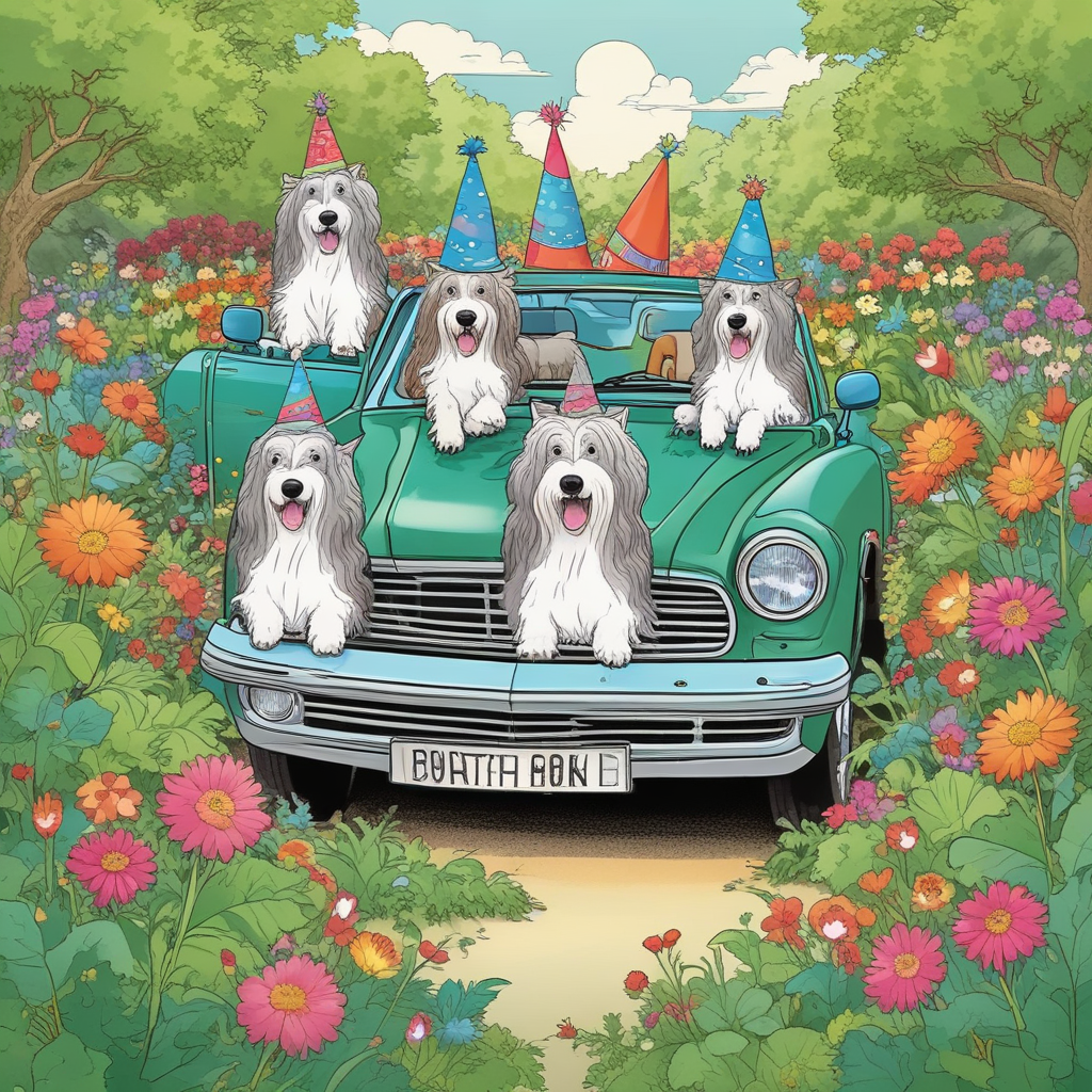 Cartoon Funny, A fun-filled, energetic birthday card image with bearded collies wearing party hats, amusingly commandeering a luxury sports car as they traverse through a lush garden. They speedily move past strikingly vibrant flowerbeds and leafy green bushes, with one mischievous collie obliviously sticking its head out of the car's sunroof. In the distance, drawn characters of unspecified descent and gender are leisurely cycling alongside, with balloons buoyantly resting on their bike handlebars, enhancing the celebratory atmosphere of the birthday scene.
Generated with these themes: Bearded collies, Aston martin rapide, garden, biking.
Made with ❤️ by AI.