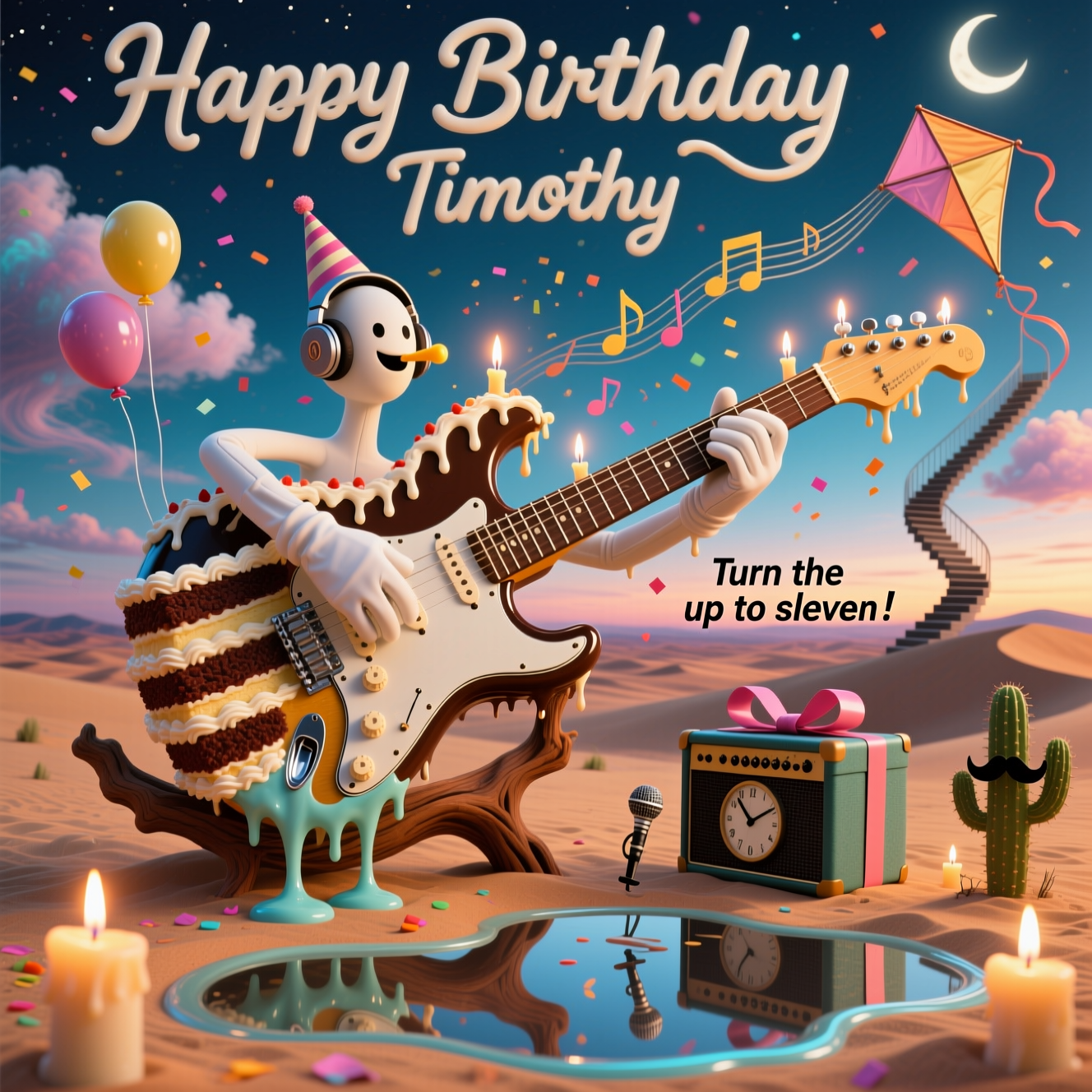 At the top of the Surreal Style image, "Happy Birthday Timothy"

At the bottom of the image, "Turn the candles up to eleven!"

- Dali-inspired dreamscape at twilight: a vast caramel-sand desert with long, elastic shadows and a pearlescent horizon.
- Centerpiece: a colossal electric guitar made of layered birthday cake, frosting pickguard and chocolate frets, slowly melting over a polished driftwood stand; liquid-silver strings stretch into the sky like ribbons.
- The guitar is being played: two whimsical, disembodied white-gloved hands strum with a glowing candle-flame pick; every strum sprays confetti that morphs into musical notes wearing tiny party hats.
- Tuning pegs are lit birthday candles; wax drips off the headstock and transforms mid-air into floating eighth notes that drift upward like helium balloons.
- A ribbon-wrapped amplifier shaped like a gift box hums nearby, a melting clock with fretboard inlays draped over it, time sagging into the sand.
- Cotton-candy nebula clouds swirl above; a crescent moon in tiny headphones exhales visible, ribbon-like soundwaves that coil around the strings; plectrum-shaped kites tug at the sky.
- Glossy icing puddles reflect an impossible skyline where guitar necks spiral into staircases; tiny cacti wear microphone mustaches and tap their toes in sync.
- Ethereal lighting: warm amber candle-glow mixed with cool electric cyan rim light; soft volumetric rays, gentle lens bloom, glittering dust motes.
- Palette: electric cyan, sunset magenta, honey-gold, cream, and charcoal.
- Typography: headline oversized in thick, frosting-textured hand-lettering with subtle glaze highlights; punchline in sleek, metallic string-like lettering gently arcing across the bottom; ample negative space so the text steals the show.
Generated with these themes: Playing guitar , and .
Made with ❤️ by AI.