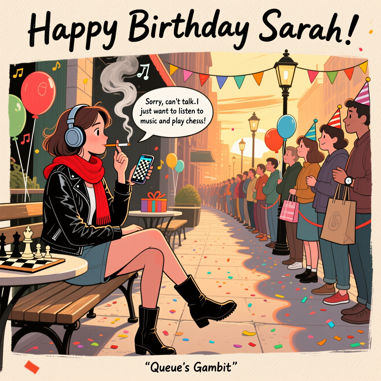 At the top of the Illustration Style image, Happy Birthday Sarah

Hand-drawn illustration with fine linework and textured brush strokes, warm expressive color palette. Scene: Outside on a city sidewalk/café patio at golden hour. Center-left, Sarah sits on a bench, cool and unbothered, in a black leather jacket, a bright red scarf, and black boots. She’s relaxed, one ankle crossed over the other, cigarette in one hand (a gentle curl of smoke drifting up, whimsically forming the hint of a chess knight), and in the other hand her phone showing a clear chessboard screen mid-game. Over-ear headphones on; tiny music notes weave through the smoke. Behind and curving around her, a long, funny line of people queuing to wish her happy birthday—party hats, balloons, gift bags, and comic impatience in their expressions (foot-tapping, checking watches), but no extra text on them. Festive touches: scattered confetti, bunting strung between lampposts, a warm sunset glow that makes the red scarf pop.

Include a small speech bubble from Sarah: “Sorry, can’t talk—I just want to listen to music and play chess.”

At the bottom, a tiny cheeky caption: “Queue’s Gambit.”

Balanced composition: the header arcs neatly across the top, Sarah as the focal point, the queue forming an S-curve in the background. Paper grain texture, soft shading, gentle vignetting, no brand logos. Funny, cozy, and full of birthday energy.
Generated with these themes: Smoking, Listening to music, Playing chess, and .
Made with ❤️ by AI.