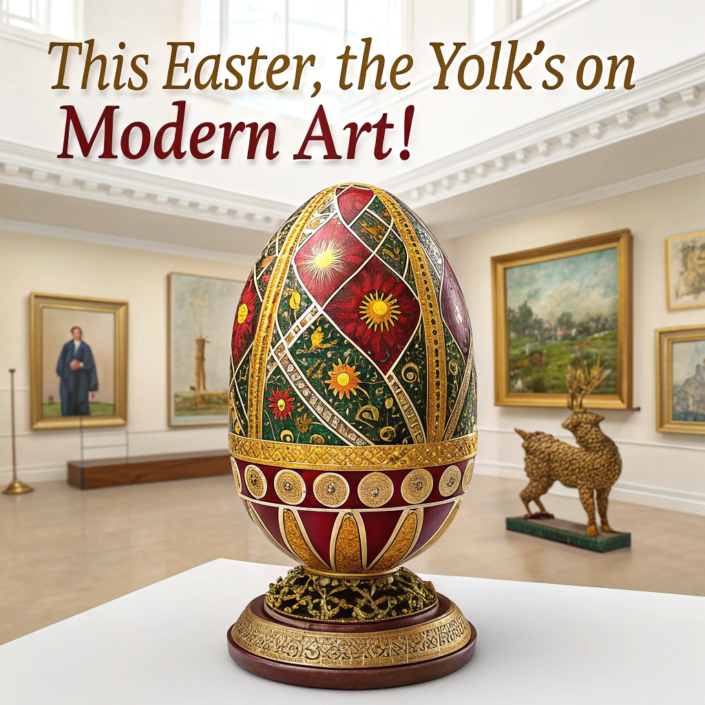 Elaborate Ukrainian egg sitting in an ornate base in a surreal modern art backdrop Easter Card