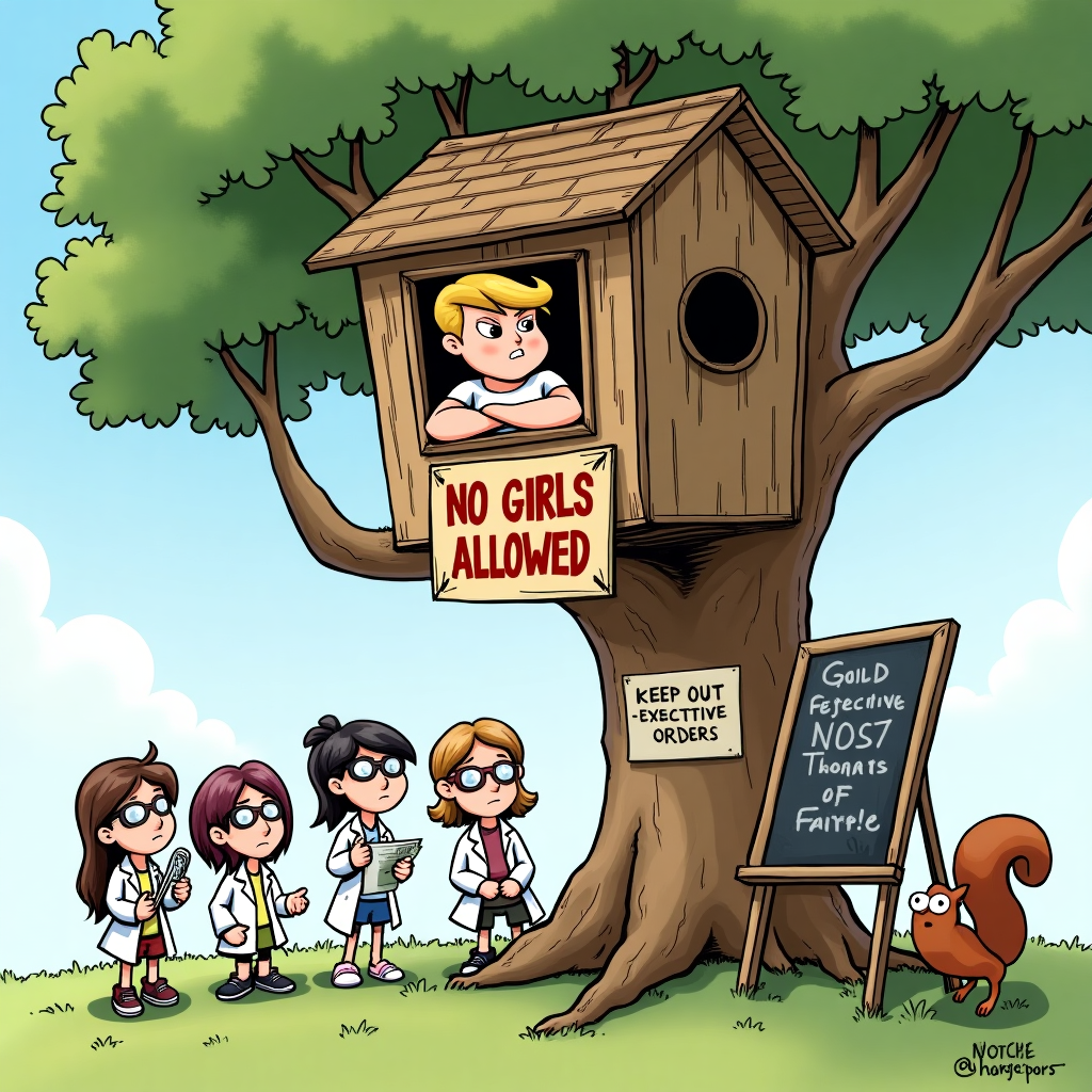 Donald Trump as a young boy in shorts and a dirty t-shirt in a tree house with a big sign that says "no girls allowed", and Donald is looking menacingly down at a few young girls dressed as scientists Sympathy Card