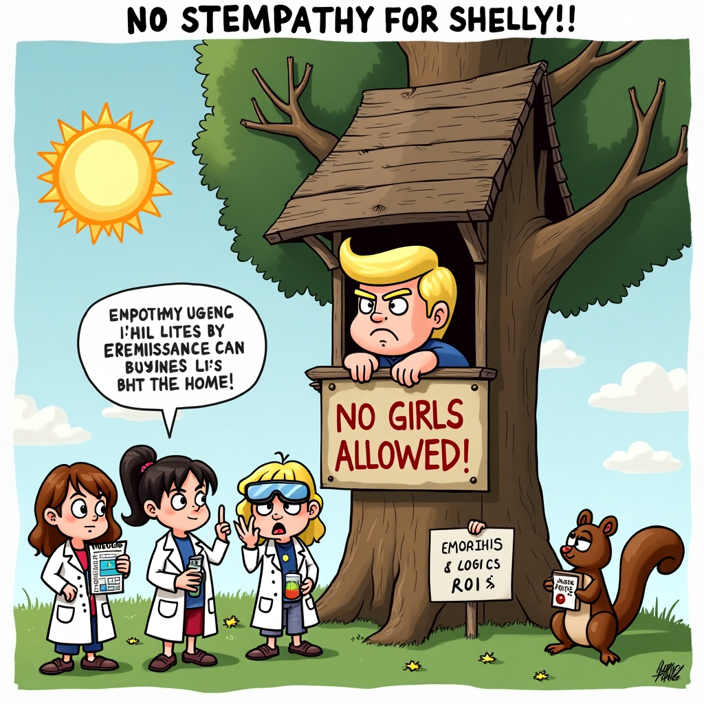 Donald Trump as a young boy in shorts and a dirty t-shirt in a tree house with a big sign that says "no girls allowed", and Donald is looking menacingly down at a few young girls dressed as scientists Sympathy Card
