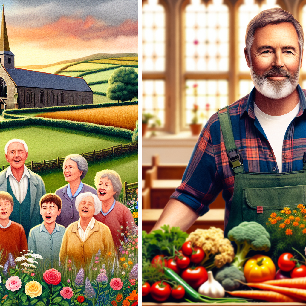 A warm illustration depicts a middle-aged man with a physique similar to Welsh singer Aled Jones, in a peaceful pastoral setting, amidst a farming landscape. Image features a group of joyous unidentified grandchildren of diverse descents and both genders, convened in a rustic church. United in song, they present a harmonic scene. The man is shown also tending to a garden filled with vibrant flowers and vegetables. The fusion of these elements symbolizes two areas of his great interest, possibly linked to a special birthday celebration.
Generated with these themes: Aled Jones, Singing , Church, Gardening, Farming, and Grandchildren.
Made with ❤️ by AI.