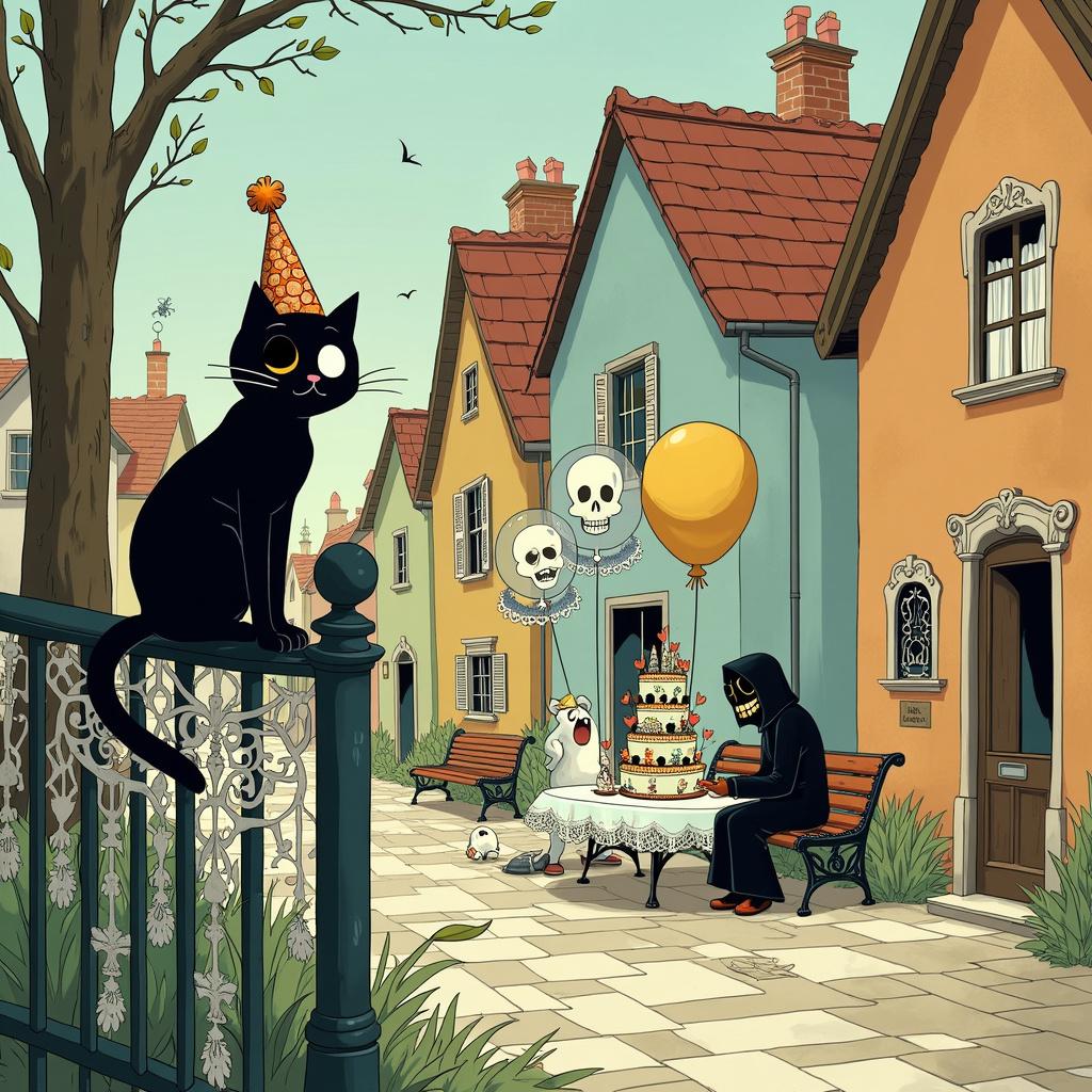 In the bustling cartoon world inspired by an eclectic mix of the mentioned artists, picture a quaint, slightly gothic village with cobblestone streets and Victorian-style houses. The focal point of the scene is a cheerful black cat, with wide, expressive eyes reminiscent of Osamu Tezuka's characters, perched atop a wrought iron fence adorned with delicate, white lace doilies interwoven like cobwebs. The cat wears a tiny, comical party hat, complete with a skull-shaped pom-pom on top, nodding to the theme of death in a humorous manner. 

The background shows a row of pastel-colored houses, each with intricately carved wooden doors and lace curtains fluttering in the windows, drawing inspiration from Winsor McCay's detailed environments. One house, in particular, has its door slightly ajar, revealing a small, skeleton-shaped piñata hanging inside, creating a festive yet macabre touch. 

On the street, a group of animated, ghostly figures, designed with a nod to Hergé's clean lines and simplicity, are gathered around a makeshift table set for a birthday party. The table is covered with a lace tablecloth, and a large, tiered birthday cake sits in the center, decorated with tiny edible skulls and crossbones. 

A little farther back, under a streetlamp designed with an Art Spiegelman-esque shadowy touch, you see a figure dressed as the Grim Reaper, but with a twist: instead of a scythe, he holds a large, colorful balloon bouquet. His robe is trimmed with lace, adding a touch of whimsy. 

Finally, scattered around the scene, you see small, playful elements like a skull-shaped balloon tied to a park bench, a lace doily hanging from a tree branch, and a trail of cat paw prints leading to a large, open present box from which more skull-shaped balloons are escaping. 

This lively and detailed scene tells a story of a quirky, fun-filled birthday party that cleverly incorporates elements of black cats, skulls, lace, and death, blending humor with a touch of the macabre.
Generated with these themes: Black cat, Skulls, Lace, and Death.
Made with ❤️ by AI.