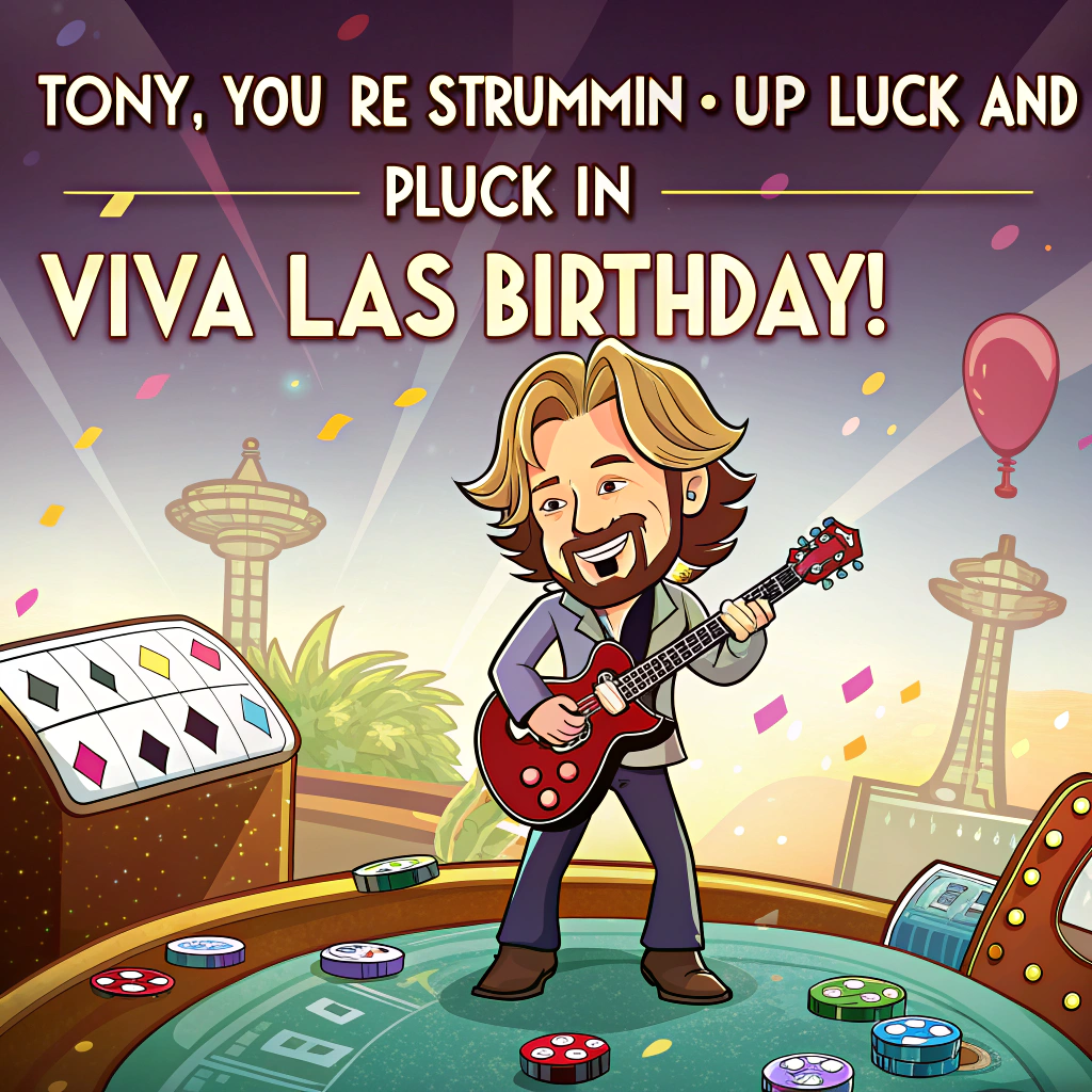 Man with brunette hair and goatee facial hair playing the guitar in Las Vegas casino , and Birthday Card