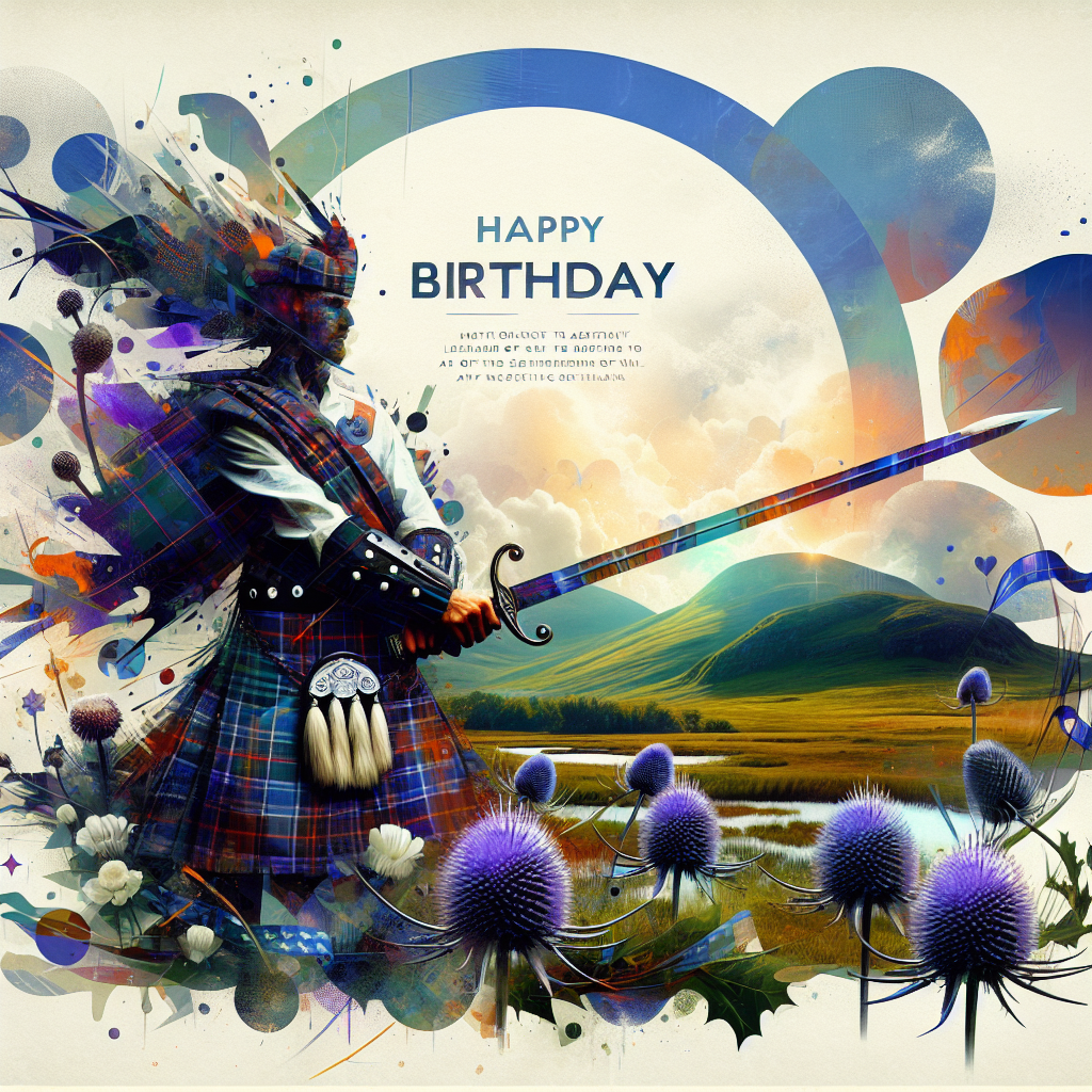 Create an abstract birthday design capturing the essence of mystical Scotland. This enchanting celebration design features an abstract interpretation of the rolling Highlands. Imagine an abstract representation of a male figure wearing a clan kilt and brandishing a traditional Scottish sword, cleverly incorporated into the design through a mix of shapes and explosive colors depicting a festive occasion. Thistles and patches of a suggestive tartan design are artfully placed within the composition against a calming backdrop that hints at a serene Scottish landscape. This captivating scene invites observers to an out-of-time birthday gathering.
Generated with these themes: Outlander tv seies, Scottish highlands, and Jamie Fraser.
Made with ❤️ by AI.