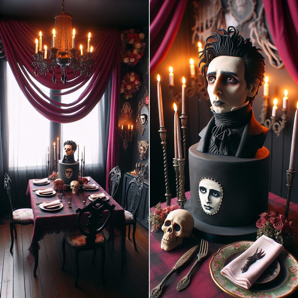A quaint birthday scene unfolds, influenced by Gothic charms. Inside a dimly lit room with crimson drapes on the walls, a unique, realistic cake takes center stage. Modeled after a generic musician with delicate features, it is crafted with edible inks. The table settings balance between adorable and spine-chilling, with skull-shaped napkin rings set beside delicate floral arrangements. The overall setting appreciates the birthday person's love for Gothic rock music, merging the cheerful theme of a birthday celebration with the moody overtones of a Gothic gathering.
Generated with these themes: Gothic, and Ville Valo.
Made with ❤️ by AI.
