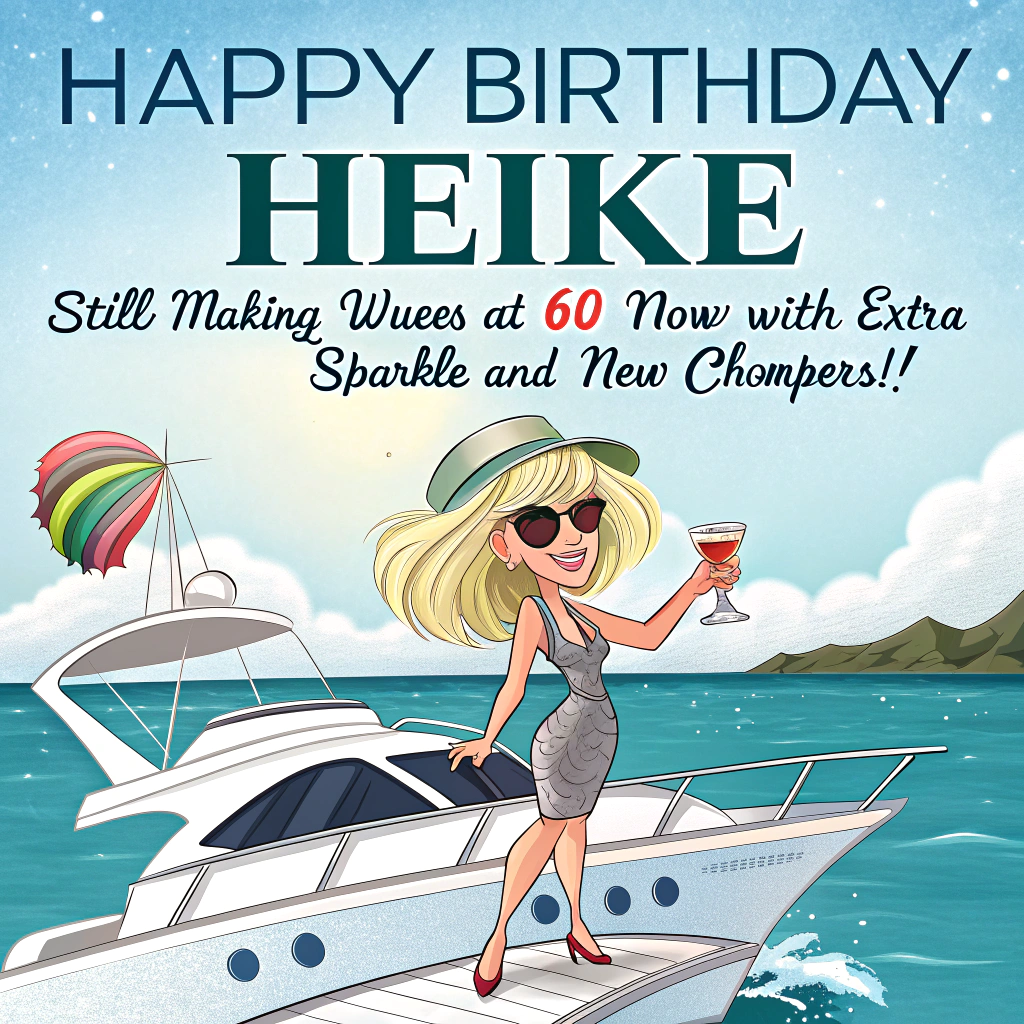 At the top of the image, "Happy Birthday Heike — Still Making Waves at 60 (Now With Extra Sparkle and New Chompers!)"

- In the center of the image, illustrate a comically glam cartoon scene: Heike, a petite, sun-kissed blonde in oversized sunglasses and a captain's hat, confidently stands on the deck of a pristine Hallberg-Rassy 50 yacht anchored in the turquoise waters of Isla Mujeres.

- She’s holding a cocktail with a tiny umbrella, grinning widely to show off dazzlingly perfect new dentures that are almost as shiny as her boat.

- Behind her, a pelican wearing party glasses eyes a floating birthday cake drifting in the clear water. Seagulls are playfully circling overhead with little party hats on.

- The whole scene radiates seaside sass, sailing spirit, and cheeky elegance — with lots of laugh-out-loud little details.
Generated with these themes: Petite blonde 60 years old, blonde hair, new dentures, Isla Mujeres, Hallberg-Rassy 50 .
Made with ❤️ by AI.