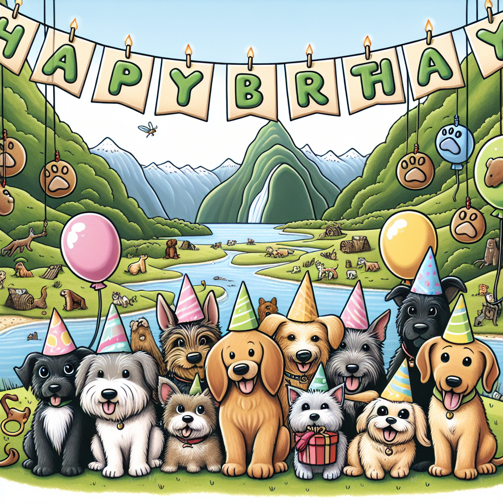 An adorable cartoon illustration of a birthday party featuring a diverse set of cheerful dogs, each portrayed with different breeds. The dogs are seen donning festive party hats, with some holding balloons and others carrying small gift boxes in their muzzles. In the backdrop, we see cartoonish representations of picturesque New Zealand landscapes such as green, rolling hills reminiscent of Hobbiton, and the serene, water framed cliffs of Milford Sound, signifying their shared travel adventures. Suspended above the canine party, a banner proudly proclaims 'Happy Birthday', with little paw prints playfully replacing the typical dots on the ‘i’s.
Generated with these themes: Dogs, Friends, Travel, and New zealand.
Made with ❤️ by AI.