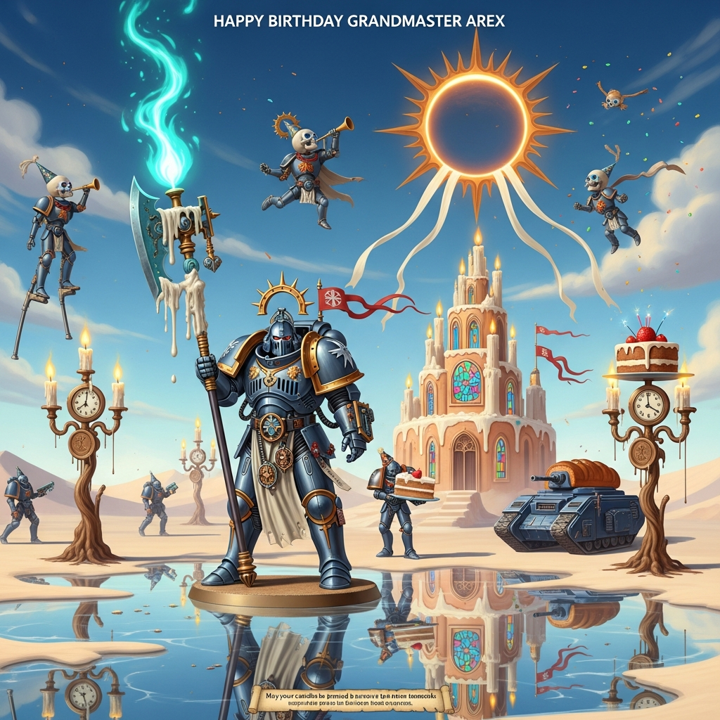 At the top of the Surreal Style image, "Happy Birthday Grandmaster Arex"

Dali-inspired, dreamlike surrealism set in an endless alabaster desert with long, melted shadows. Center frame: a towering Warhammer 40K Grey Knights Grand Master in gleaming argent armor, reflections warping into candy-colors. His Nemesis halberd morphs into a gigantic birthday candle, wax drooping like melting clocks; a teal warp-flame flickers into tiny inquisitorial rosette shapes. Behind him floats a tiered cathedral-cake fortress: stained-glass windows of sugared glass, flying buttresses soft like taffy, spires made of candles sagging with glowing wicks. In the sky, a colossal caramel-brass Inquisition rosette acts as an eclipsed sun, its rays stretching into ribbon banners that melt into purity-seal streamers; they drift down as confetti. Cheerful servo-skulls orbit in crooked party hats, one tooting a tiny horn, others balancing slices of sanctified cake on parchment plates. Distant Grey Knights stride on elongated legs like bronze stilts, their shadows pooling into reflective frosting lagoons; a Land Raider-shaped loaf rolls lazily across the horizon like a brioche tank. Candelabra trees sprout clock-faces replaced by wax stamps, drooping and dripping into mirrored dunes. Colors: luminous chrome, holy gold, warp-teal glows, pastel icing pinks; ethereal god-rays, soft volumetric haze, painterly brush texture, ultra-detailed, wide-angle, centered composition, playful, absurd, celebratory, no gore.

At the bottom in a tiny parchment scroll caption, one cheeky line: "May your candles be purged by holy promethium."
Generated with these themes: Warhammer 40K Grey Knights, Inquisition, and .
Made with ❤️ by AI.