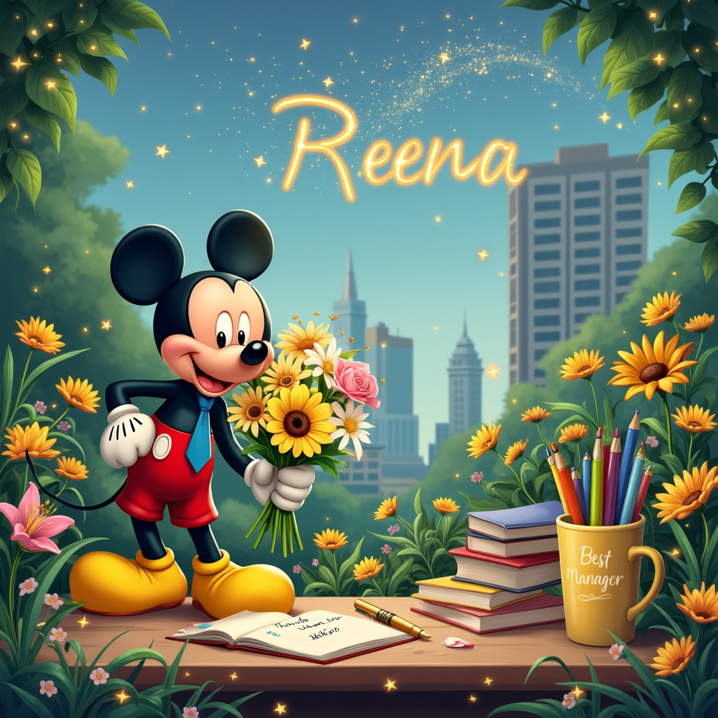 In the foreground of the card, Mickey Mouse stands holding a bouquet of mixed flowers, with lilies, daisies, and sunflowers in vibrant colors of yellow, white, and pink. He's dressed in his classic red shorts, yellow shoes, and white gloves, but with a small blue tie that gives a nod to the management theme. Next to Mickey, a desk is set up with neatly arranged stationery items: a stack of papers, colorful pens in a mug that reads "Best Manager," and an elegant planner. On the desk is an open thank-you card with a handwritten message visible, and a gold fountain pen lying beside it.

Behind Mickey, there's a lush garden full of blooming flowers and green foliage, creating a serene backdrop. Among the flowers, hidden like little secrets, are small glowing stars on delicate strings, sparkling even in the daylight. They form a path leading to a tall office building in the background, symbolizing the connection between nature and professional life.

In the sky above, the word "Reena" is creatively spelled out with twinkling stars. These stars form a constellation that looks like a shooting star just passed through, making it a focal point that draws the eye upwards. 

The scene combines these elements to tell a story of appreciation, connecting the whimsical world of Mickey Mouse with the professional realm through the flowers, stationary, and stars. It's a seamless blend of gratitude and celebration for Reena's contribution and leadership.
Generated with these themes: Mickey mouse, Flowers, Stationary, Stars, and Management.
Made with ❤️ by AI.