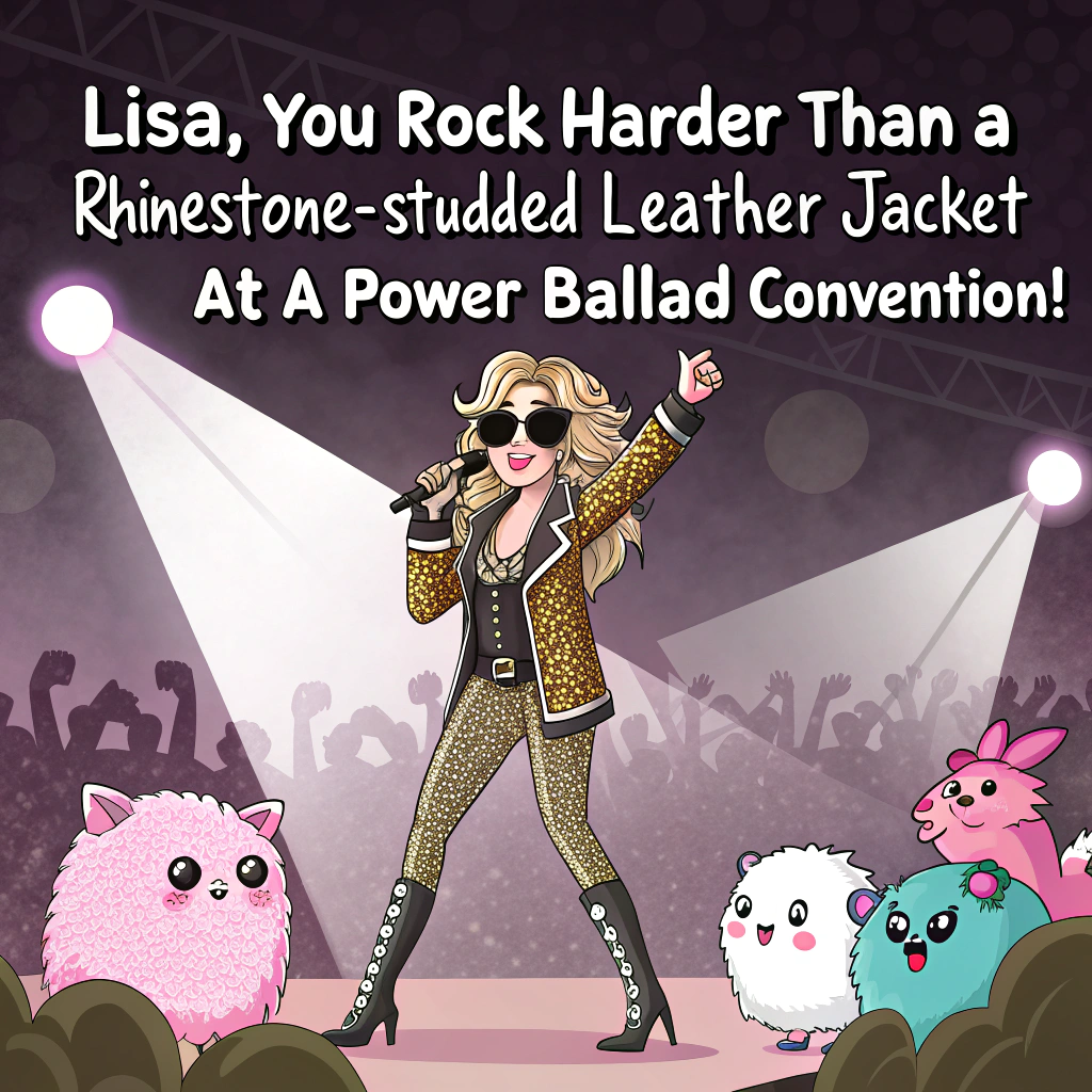 At the top of the image, "Lisa, you rock harder than a rhinestone-studded leather jacket at a power ballad convention!"

- In the center of the image, illustrate a bold, cartoon-style scene of Lisa on stage under dramatic lights, mid-guitar solo, wearing an outrageously glam-rock outfit—think leopard-print leggings, platform boots, oversized sunglasses, and a sparkling jacket that screams ‘fashionably fierce’.

- Behind her, a crowd of adorable, tiny animals (hedgehogs with mohawks, flamingos in fishnets, etc.) go wild with lighters and signs like “Lisa for President of Rock & Style”.

- The amps are shaped like glittery birthday cakes, blasting musical notes that double as flying confetti.

- At the bottom of the image, add the text: "Crank up the glitter, dial in the leather – this birthday’s ready to SLAY!"
Generated with these themes: Rock Music, and Fashion.
Made with ❤️ by AI.
