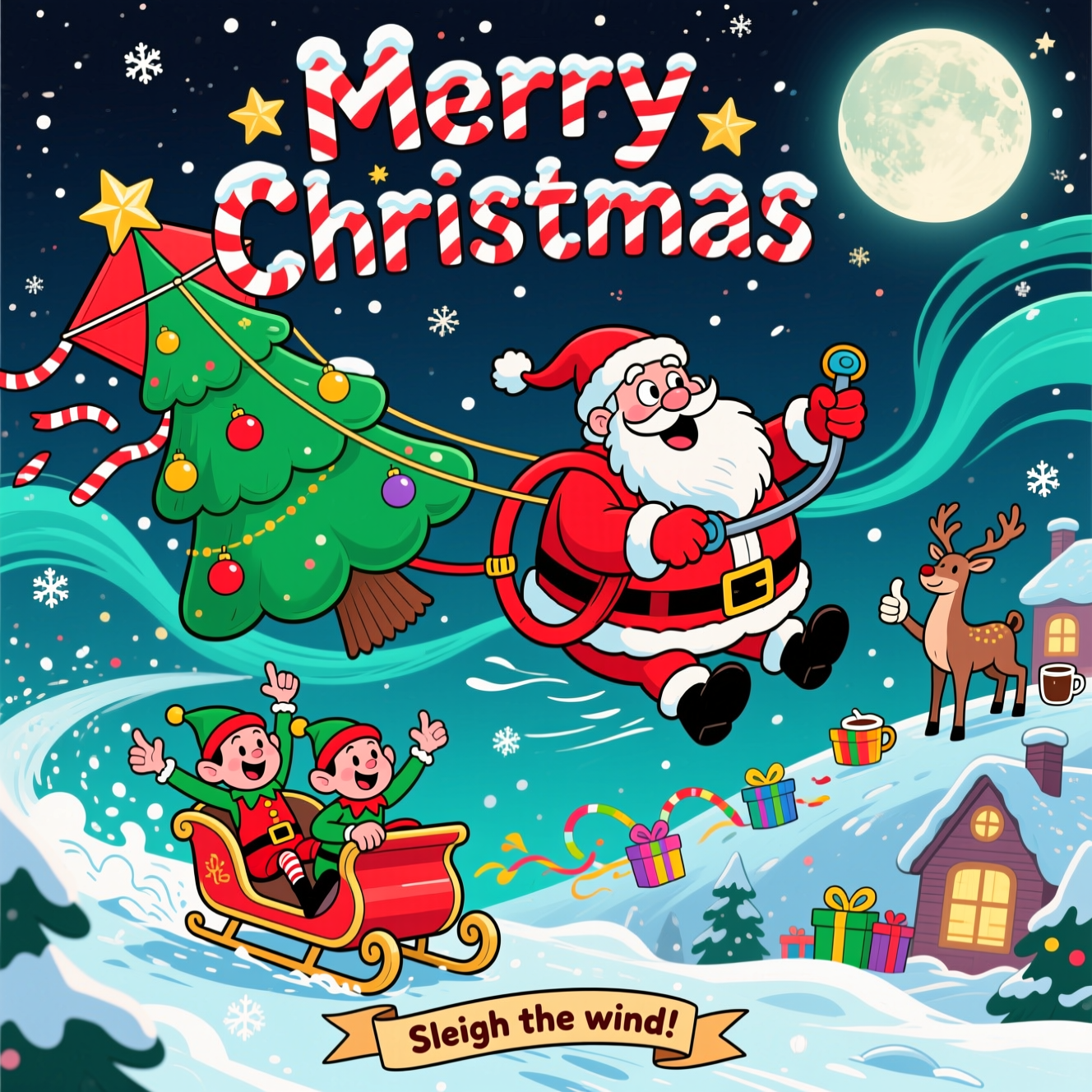 At the top of the Cartoon Style image, the text “Merry Christmas” in big candy-cane striped letters, frosted with snow and twinkling stars.

Funny Christmas scene in playful Cartoon Style: exaggerated, chubby Santa strapped into a bright red harness, gripping a control bar, being joyfully towed across a snowy night sky by a gigantic green-and-red power kite (puffed foil cells, billowing like a Christmas tree with baubles and a star tip). Candy-cane striped kite lines arc dramatically; Santa’s beard and hat stream back, eyes wide with glee. Below, a sleigh-shaped kite buggy with candy-cane runners skids over sparkly snow; two squealing elves hang on in energetic, flailing poses—one elf midair doing an accidental “snow-angel” spin. Reindeer on a hill watch with mugs of cocoa, giving goofy thumbs-ups. A trail of gifts bobs behind like colorful kite tails.

Background: cozy snow-dusted village with glowing windows, oversized moon and starry twilight sky, swirly aqua wind gusts, glittering snowflakes. Bright saturated palette (holly green, cherry red, icy cyan, gold), thick black outlines, punchy cel-shading, squash-and-stretch forms, bouncy motion lines, whimsical energy. Portrait, full-bleed composition with plenty of open sky for the title.

At the bottom, a small ribbon banner with the cheeky caption: “Sleigh the wind!”
Generated with these themes: Power Kite , and .
Made with ❤️ by AI.