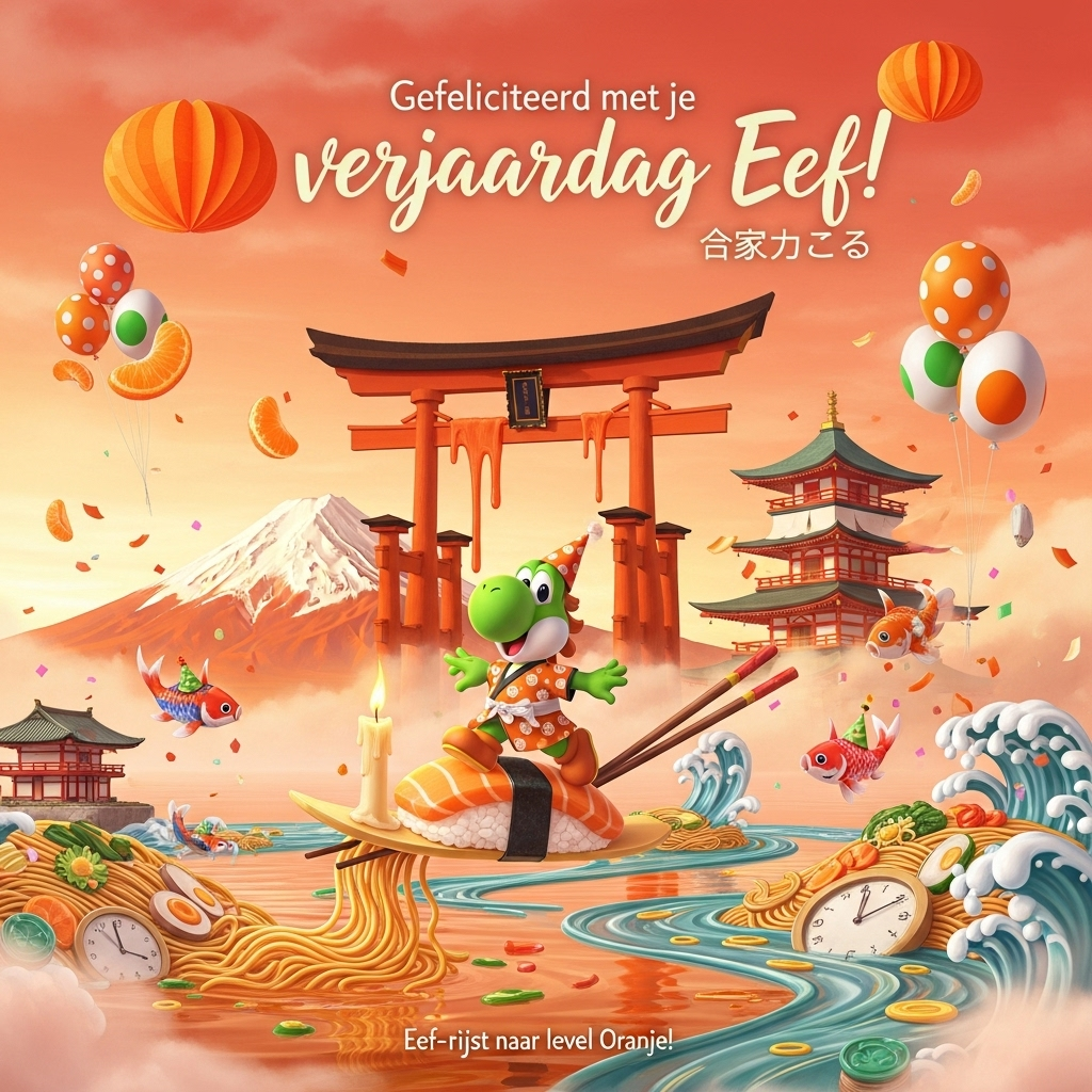 At the top of the Surreal Style image, Gefeliciteerd met je verjaardag Eef! 🎉🍰😘

Dreamlike, Dali-inspired surreal birthday scene set in Japan, awash in kleur oranje: tangerine skies, glowing orange paper-lantern suns, and a ramen river melting like clocks. Center stage, Yoshi (cheerful, glossy green) rides a colossal nigiri sushi surfboard, wearing an orange party hat and an orange-patterned kimono sash, balancing on bendy chopsticks that curl like noodles. A torii gate droops like caramel, doubling as a candle with a tiny flame. Mount Fuji appears as a layered orange sponge cake with frosting-snow, softly sagging at the edges. Koi in tiny party hats leap through confetti of nori and orange peel; origami cranes and floating mandarin slices drift like balloons; speckled Yoshi eggs bob like helium balloons with orange polka dots. Ethereal volumetric light, soft apricot fog, painterly textures, whimsical reflections. Dominant palette: mandarin, apricot, amber, with jade green and sakura pink accents. Composition: portrait, full-bleed, clear negative space behind the top text; render the header in bold creamy-white hand-lettered script with a subtle shadow for legibility.

Small, playful caption near the bottom in white hand-drawn type (one line): “Eef-rijst naar level Oranje!”
Generated with these themes: Japan, Yoshi, Kleur oranje, and .
Made with ❤️ by AI.