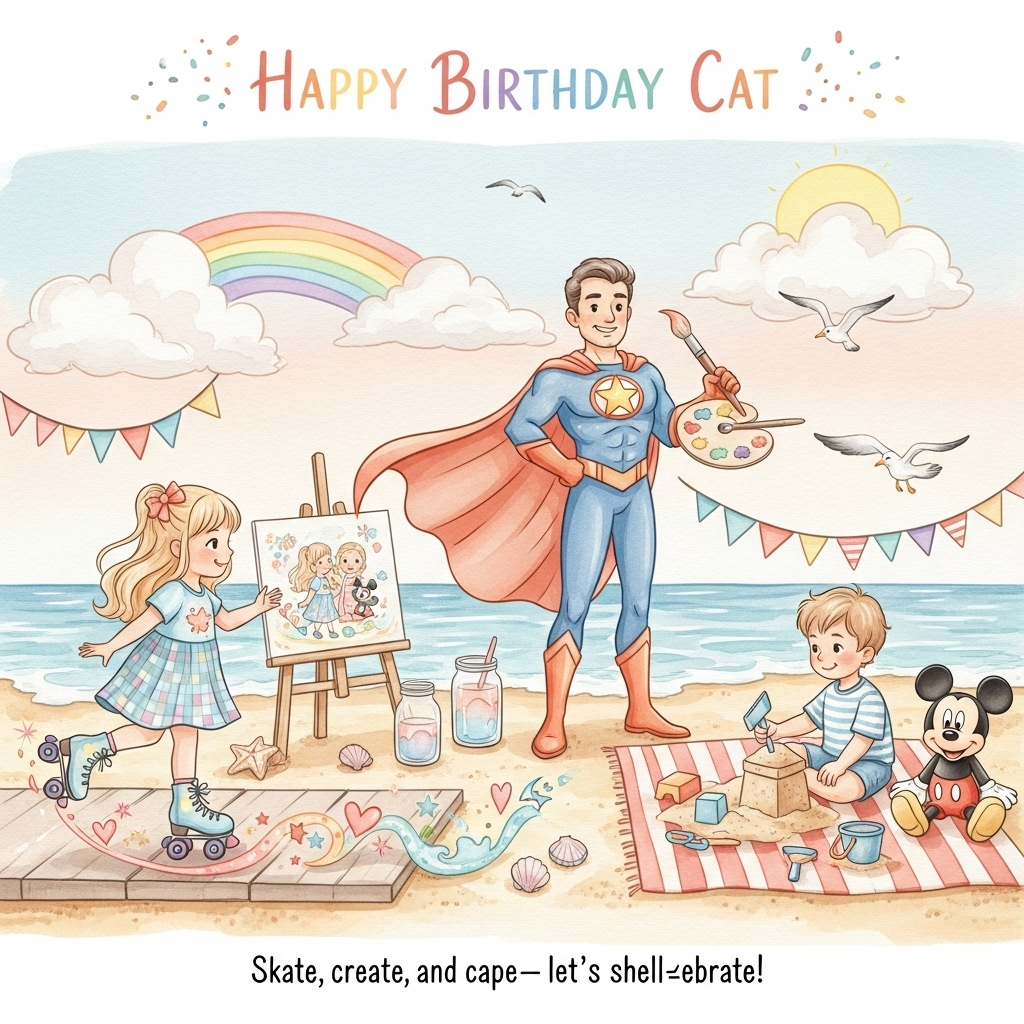 At the top of the Watercolor Style image, “Happy Birthday Cat” in playful hand-lettered watercolor script, pastel rainbow wash, tiny confetti splashes.

Cute, airy watercolor scene on a sunlit beach: soft peach-to-seafoam sky with delicate gradients, pigment blooms in the clouds, and natural cold-press paper texture visible. On the left foreground, a fair-skinned, fair-haired daughter glides along a seaside boardwalk in disco roller skates with rainbow laces; her wheels sparkle and leave a whimsical ribbon of watercolor paint that twirls into hearts and stars. On the right foreground, a fair-skinned, fair-haired son sits on a striped beach blanket, cheerfully building an imaginative sand-and-wooden-block contraption; beside him, a Mickey Mouse teddy (classic round ears, red shorts, white gloves) “supervises,” with tiny toy tools and a pail scattering soft, splashy color. Midground center, the superhero husband strikes a gentle, heroic pose in a friendly, stylized suit with a big star emblem and a flowing cape that melts into a coral-and-turquoise wash; he holds a painter’s palette like a shield and a big brush like a wand, smiling warmly toward the viewer. Artful touches everywhere: a little easel with a loose watercolor of the family, jars of tinted water, seashells shaped like paint palettes, bunting flags fluttering in pastel hues, and seagulls suggested with quick, feathery dry-brush marks. Soft shadows, rounded features, rosy cheeks, and a cohesive pastel palette (coral, seafoam, lavender, sunshine yellow) keep the mood adorable and light.

At the bottom, a small, cheeky caption in tiny watercolor script: “Skate, create, and cape—let’s shell‑ebrate!”
Generated with these themes: Fair daughter on disco rollerskates, Fair son building things with Mickey mouse teddy, Superhero husband, Beach, Art, and .
Made with ❤️ by AI.