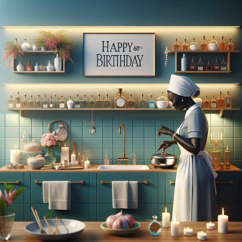 The charming scene is set within a cozy Nigerian kitchen, where a mother, adorned in her nurse uniform, lovingly prepares birthday food. The room is decorated with spa-like elements – tranquil blues and greens, soft towels, and aromatic candles, suggesting a day of pampered relaxation. Perfume bottles are elegantly displayed on a shelf. The image is warmly lit, evoking a sense of home and care, with 'Happy 60th Birthday' artfully integrated into the scene.
Generated with these themes: Food, Nurse, Mother, Nigeria, Spa , and Perfume.
Made with ❤️ by AI.