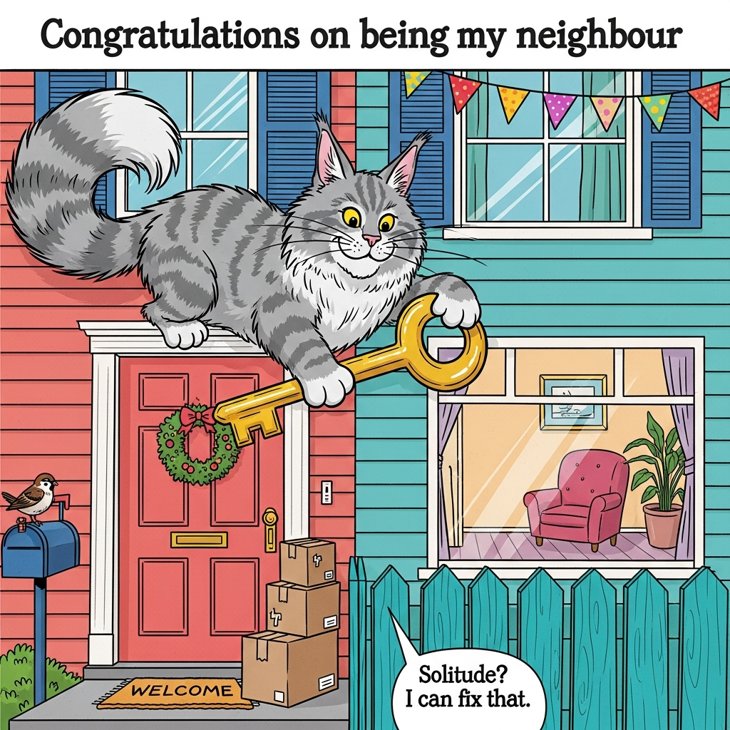 At the top of the Cartoon Style image, Congratulations on being my neighbour

A bold, bright, playful cartoon scene in portrait orientation. Center stage: an oversized fluffy grey Maine Coon cat with dramatic ear tufts, huge mitten-like paws, and a gigantic plume of a tail curling into a question-mark. The cat is perched comically atop a teal wooden fence that divides two colorful row houses, leaning over toward the newly moved-in side with a mischievous, welcoming grin. The cat clutches a shiny, oversized key-shaped balloon (gold) like a housewarming gift.

New-home vibes without extra text: a coral front door with a fresh wreath, stacks of taped moving boxes on the porch (no labels), a rolled-up welcome mat, and through a wide window, an echoey, mostly empty living room with a single lonely armchair and one potted plant catching a stripe of sunlight to suggest solitude. Bright, saturated palette: aqua sky, lemon trim, cobalt shutters, pops of confetti-colored bunting overhead. Add a cheeky detail like a curious sparrow on the mailbox side-eyeing the cat. Exaggerated proportions, thick black outlines, simple cel shading, and energetic, whimsical poses throughout.

Place a small speech bubble near the cat at the bottom: “Solitude? I can fix that.”

Lighting: sunny and crisp, lively highlights on fur and fence. No extra text anywhere else.
Generated with these themes: Maine coon grey cat, NEW HOME, Solitude, and .
Made with ❤️ by AI.