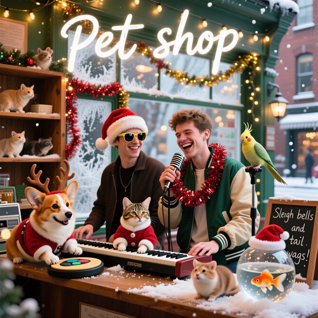 At the top of the Photorealistic picture taken from a camera image, Christmas in warm white handwritten script with a soft glow, centered and subtle.

Ultra-high-definition 4K UHD, photorealistic vertical portrait. Inside a cozy urban pet shop decked for the holidays: fairy lights strung along wooden shelves, a frosty shopfront window, and tinsel draped everywhere. Two stylish “pet shop boys” with a playful 80s synth-pop vibe run the counter that doubles as a vintage synthesizer—one deadpan in mirrored sunglasses and a Santa hat, the other grinning in a retro track jacket, crooning into a tinsel-wrapped microphone to an adoring audience of animals. Comedic details: a corgi in reindeer antlers tapping a drum pad with a paw, a tabby cat in a tiny Santa coat lounging across the synth keys, a cockatiel perched on the mic stand, a hamster rolling by in a clear ball through fake snowflakes, and a goldfish bowl with a tiny floating Santa hat. A small chalkboard by the register carries one cheeky line: “Sleigh bells and tail wags!” Natural soft winter daylight spills in from the street; warm twinkle lights add golden bokeh. Shot on a full-frame camera, 50mm lens, f/2.8, ISO 400, 1/125s; shallow depth of field with crisp focus on the two shop boys and the nearest pets, lifelike fur and fabric textures, realistic reflections on glass, rich dynamic range, accurate skin tones, gentle film grain, festive reds/greens and cozy wood tones.
Generated with these themes: The pet shop boys, and .
Made with ❤️ by AI.