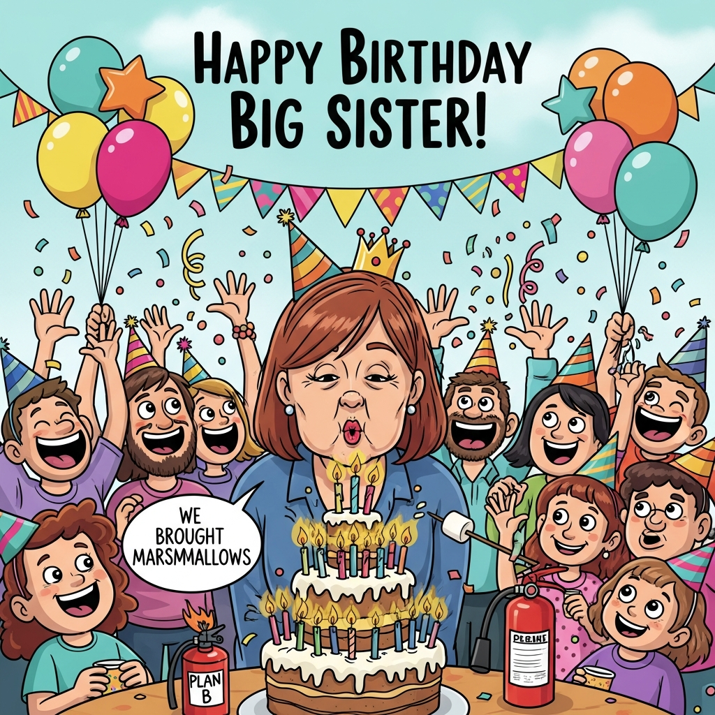 At the top of the Cartoon Style image, Happy Birthday Big Sister!

- Playful, funny, high-energy cartoon scene with thick black outlines, exaggerated proportions, and bright saturated colors (teal, fuchsia, sunshine yellow, tangerine, confetti brights).
- Center stage: a cheerful middle-aged female with shoulder-length reddish-brown hair, expressive eyes, big smile, and a party crown, leaning in with puffed cheeks to blow out a towering cake overloaded with candles.
- The cake is comically packed with candles; warm candlelight glows on faces, tiny heat-waves wibble above the flames, a little “Plan B” fire extinguisher sits nearby for a gag.
- Around her: a lively crowd of friends and siblings in party hats, laughing, cheering, tossing confetti, and striking whimsical, energetic poses—everyone clearly having fun.
- One cheeky guest holds a marshmallow on a stick toward the candle inferno.
- Balloons cluster in bright colors (stars, circles, hearts) float at different heights; streamers drape from the ceiling and curl midair; confetti sparkles throughout.
- Include one small, funny text line as a speech bubble from the marshmallow-holder: “We brought marshmallows!”
- Composition: vertical, full-bleed portrait; hero and cake large in the foreground; crowd arcs behind; balloons and streamers frame the scene; leave clean sky of color behind the top text.
- Cartoon style specifics: big expressive faces, chunky hands, bouncy outlines, dynamic angles; soft, simple shading; bold, legible hand-lettered top text with a playful drop shadow to pop against the background.
- Atmosphere: warm, celebratory, slightly chaotic in a hilarious way—pure birthday joy.
Generated with these themes: Puppies, Hugging, Cake, Cellebrating, Having Fun, Smiling, , and .
Made with ❤️ by AI.