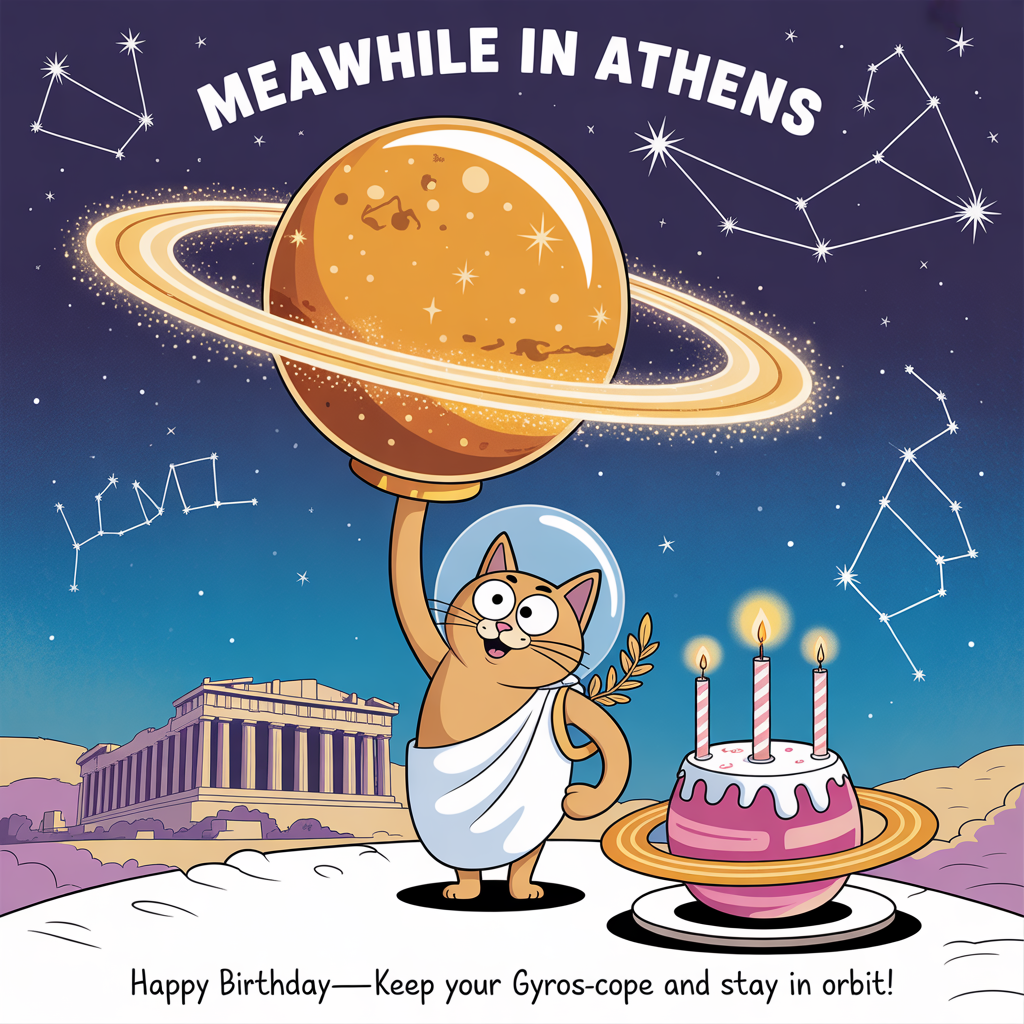 At the top of the Cartoon Style image, "Meawhile in Athens "
At the bottom of the image, "Happy Birthday—keep your gyros-cope and stay in orbit!"

- Center: A big-headed, wide-eyed cartoon cat in a toga and laurel wreath, wearing a shiny bubble astronaut helmet, balancing a giant gleaming brass gyroscope on one paw like a basketball. The gyroscope’s rings whirr with sparkly star trails and tiny constellations.
- The cat stands atop a mini ringed “planet-cake” with frosting continents and a glowing candle ring like Saturn’s, candles flickering as tiny comets.
- Background: A bright, star-splashed night sky over a playful, chunky Parthenon-turned-observatory on the Acropolis, with an oversized telescope cheekily poking out of a dome. Constellations form Greek letters and a cheeky gyro-sandwich outline.
- A small owl (Athena’s pal) zips by in orbit with a tiny jetpack, trailing confetti and star-shaped balloons.
- Style: Exaggerated proportions, thick black outlines, bold saturated colors (electric teal, royal purple, lemon yellow, hot magenta), energetic motion lines, and whimsical expressions.
- Add Greek key patterns subtly woven into the star trails and cake ring for extra Athens flair.
- Lighting: Vibrant cosmic glows around the gyroscope and candles; twinkling highlights to sell the spin and sparkle.
Generated with these themes: Astronomy, Gyroscope, and .
Made with ❤️ by AI.