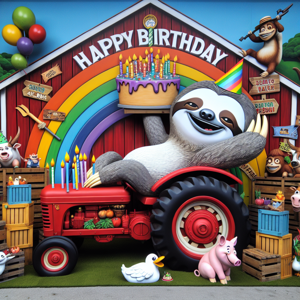 A scene on a farm, where a joyful cartoon sloth with a rainbow-striped party hat is reclining languidly on top of a red cartoony tractor. The tractor is adorned with streamers and a sign reading 'Sloth's B-Day Bash.' Colorful crates of cartoon fruits and vegetables surround the sloth, with a large birthday cake positioned before it, atop a table constructed from repurposed pallets. The cake comes with candles that are yet to be blown out. A jubilant pig, cow, and duck, each donning a miniature party hat, are congregated around the sloth for the celebration. Cartoonish farm equipment like an enlarged pitchfork and a shovel lean against the barn wall, which is vividly painted with a 'Happy Birthday' mural featuring humorous caricatures of farm animals. Above, a 'Cae Bach' flag sways from the barn's weather vane extending to a nearby tree. Cartoon vegetables including smiling carrots and lettuces pop out from the ground. Balloons are secured to the barn door and around the necks of the various farm animals.
Generated with these themes: A sloth celebrating on a farm called cae bach.
Made with ❤️ by AI.