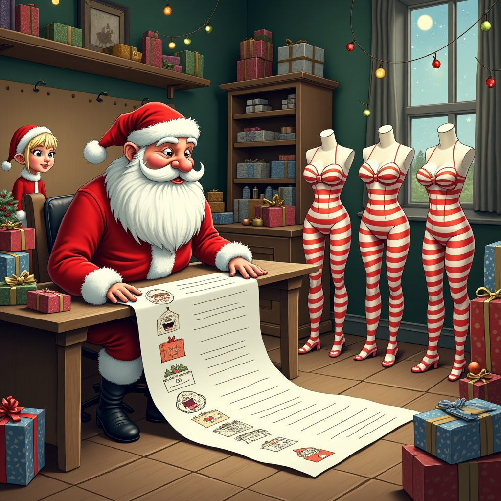 In this whimsically mischievous Christmas card scene, imagine a cozy, bustling Santa's workshop, except this time with an unexpected twist that brings a chuckle. Santa, with his signature rosy cheeks and a bushy white beard, is seated at his workbench, deeply engrossed in checking a comically long "Naughty List" that unfurls across the room and onto the floor. Instead of the usual list of names, the paper humorously displays cheeky cartoon sketches of various humorous interpretations of the word "naughty." Meanwhile, a few elves in the background are secretly taking playful inspiration from the illustrations, and are seen giggling as they fashion comically oversized fig leaves and strategically placed ornaments to adorn a set of mannequins. The mannequins are dressed in Christmas-themed attire, such as candy cane striped suits and glittery snowflake bras, adding an ironic yet hilarious fashion twist. In the corner, Mrs. Claus, with a mischievous grin, is caught on camera, raising an eyebrow as she shakes her head, playfully waving a mistletoe over the scene. The backdrop is festively adorned with twinkling lights, stacks of brightly wrapped presents, and an assortment of toys, completing this delightfully cheeky holiday tableau.
Generated with these themes: Sex, and Porn.
Made with ❤️ by AI.