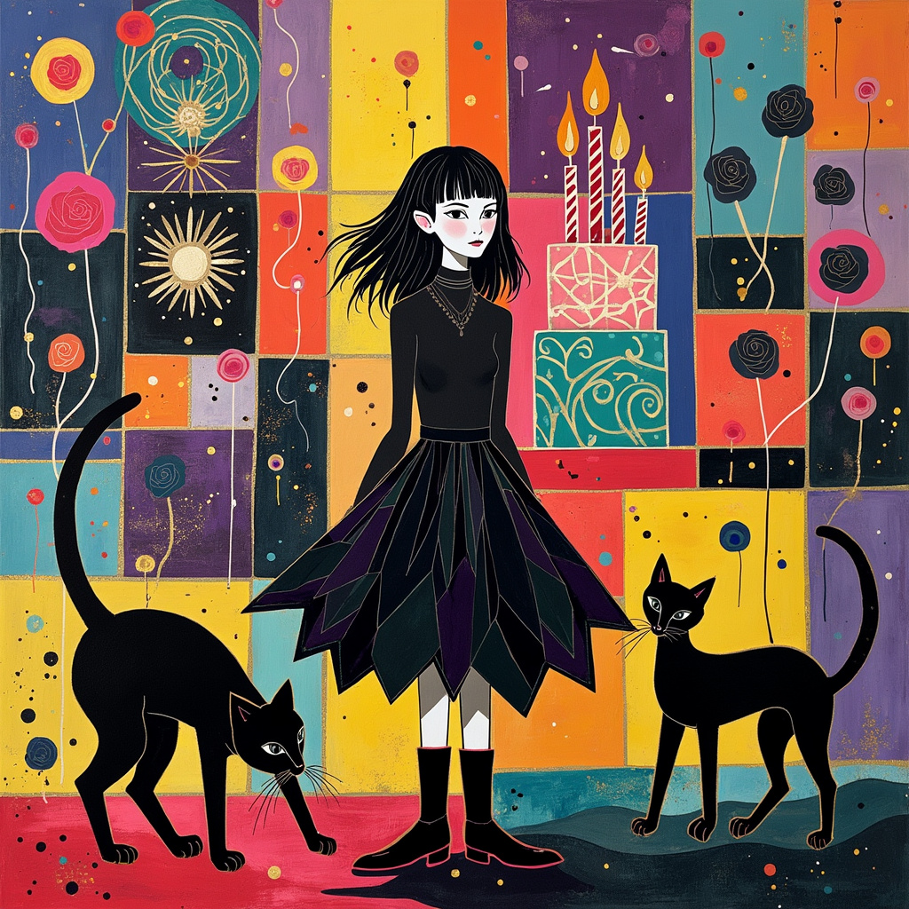 Picture a vibrant, chaotic tapestry of shapes and colors exploding across the front of the birthday card. In the center, a Goth girl with strikingly pale skin and dark, flowing hair stands poised, her silhouette composed of sharp, geometric lines reminiscent of Kazimir Malevich's abstract forms. Her dress, a cascade of interlocking black and deep purple polygons, flows down to her boots, which are spattered with Jackson Pollock-esque splashes of crimson and gold.

Flanking her are two sleek, enigmatic black cats, their fur composed of swirling lines and spirals in the style of Joan Miró, with eyes like luminous green crescents that seem to pierce through the abstraction. The cats are mid-pounce, their tails curling upwards into elegant, twisted spirals.

Behind them, the background is a Mondrian-inspired grid, but with a twist—each rectangle and square within the grid is filled with Gerhard Richter's blurred, smudgy transitions of deep blues, purples, and blacks. Black roses are scattered throughout the grid, their petals painted with bold, messy strokes à la Willem de Kooning, and dripping with thick, textured layers of paint.

Hovering above, a whimsical Cy Twombly-esque scribble of interwoven white lines forms an abstract birthday cake, topped with erratic, colorful candles that resemble Agnes Martin's delicate, repetitive line work. The candles appear to flicker, their flames painted with bold, contrasting hues inspired by Rothko's iconic color fields.

To complete the scene, add a cluster of Kandinsky-style circles and geometric shapes in the sky, forming an abstract constellation that hints at balloons and confetti, further enhancing the birthday celebration. The entire scene is a vivid, dynamic interplay of abstract forms and figures, each element uniquely tied to the themes of black cats, black roses, and the Goth girl, telling a surreal and enchanting story fit for a one-of-a-kind birthday greeting.
Generated with these themes: Black cats , Black Roses, and Goth girl.
Made with ❤️ by AI.