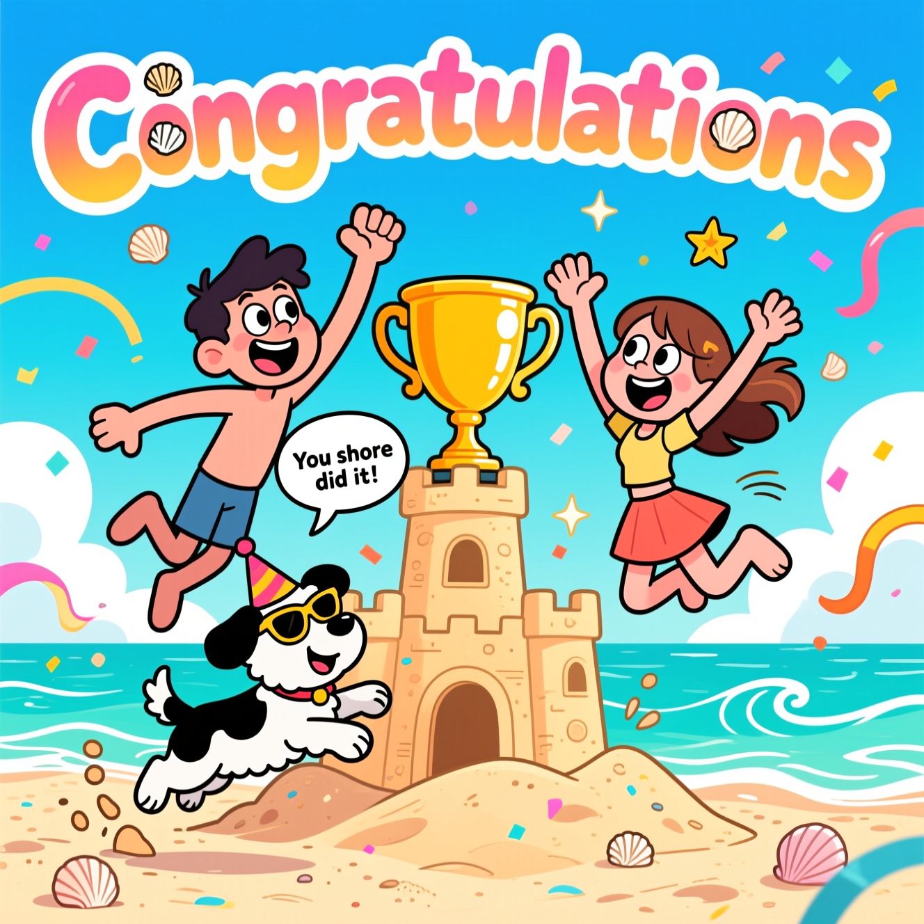 Guy with dark hair, Girl with brown hair, black and white sheep dog, beach, and Congratulations Card