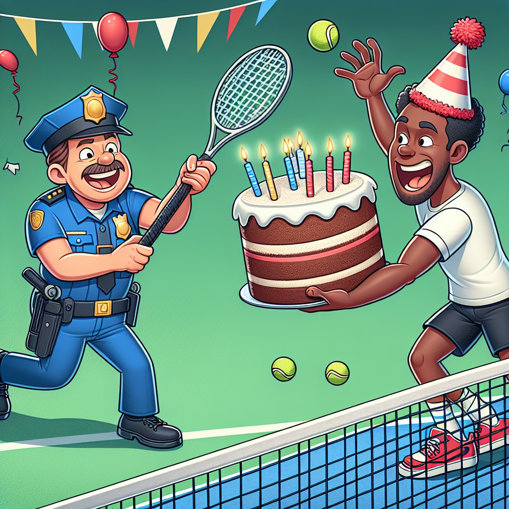 Create an image with a cartoonish police officer, a Hispanic female, gleefully trying to serve a tennis ball with a baton and a black male tennis player, wearing a party hat, trying to return the serve with a humongous slice of birthday cake instead of a racket. They are on a tennis court bedecked with lively birthday decorations. This game carries an air of camaraderie and joviality.
Generated with these themes: Tennis, and Police.
Made with ❤️ by AI.