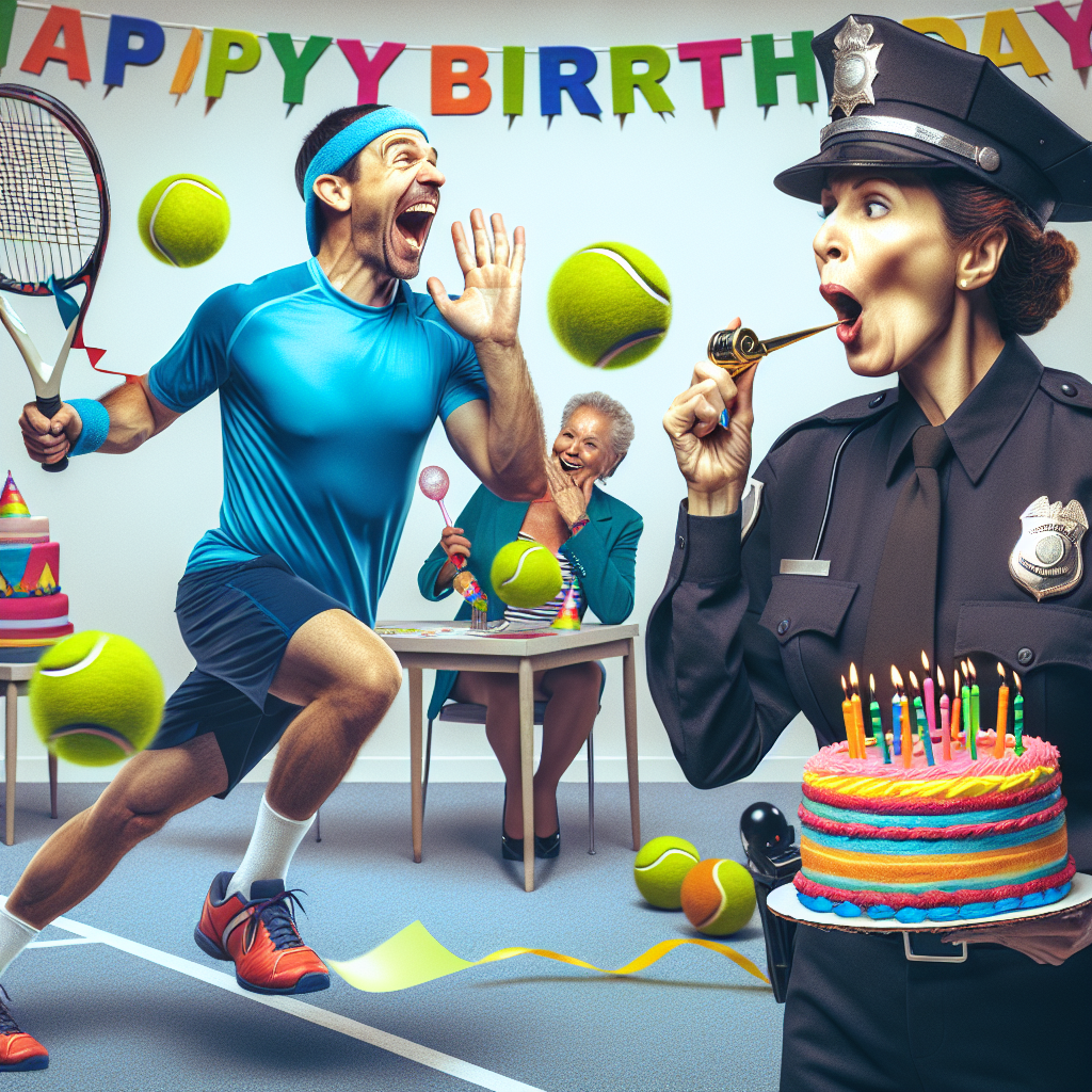 Create a humorous birthday-themed image featuring a lively tennis game in progress. The central figure is clad in colourful tennis gear, expertly swinging a racket at a ball that surprisingly looks like a birthday cake. In the background, an onlooking police officer, of Hispanic descent and female gender, chuckles while blowing a party whistle, serving as a playful referee. Instead of an expected ticket pad, she's clutching a pile of bright birthday invitations.
Generated with these themes: Tennis, and Police.
Made with ❤️ by AI.