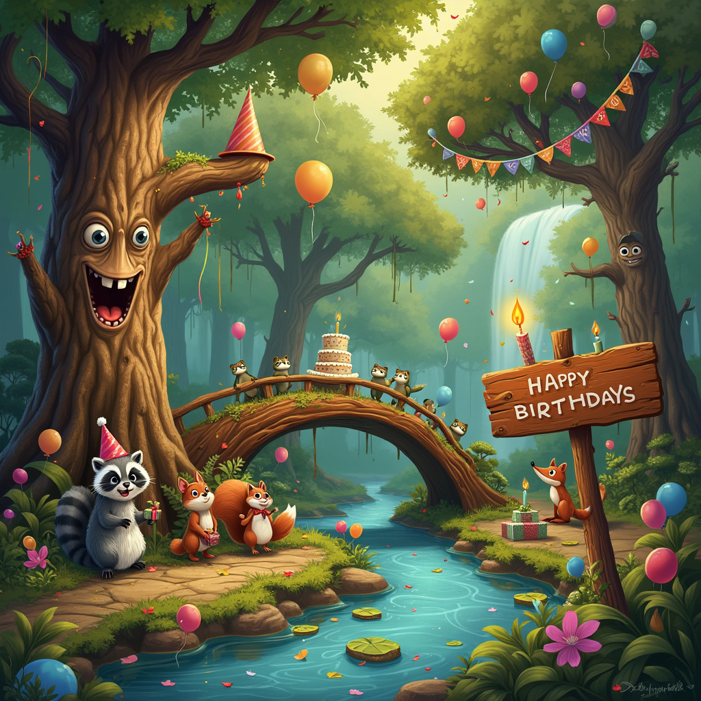 In the heart of an enchanted forest, where trees are not just trees but towering characters with faces etched in bark and expressive eyes, a comical birthday scene unfolds. An ancient, whimsical oak tree stands at the center, adorned with colorful balloons tied to its branches and a large party hat perched atop its leafy crown. Beside the tree, a sparkling river winds its way through the scene, but this is no ordinary river—its waters are a brilliant, shimmering blue, with birthday candles floating downstream on tiny, whimsical rafts made of leaves and twigs. On the riverbank, a quirky group of forest animals is gathered: a raccoon in a party hat holding a wrapped gift, a squirrel with a confetti cannon, and a fox balancing a towering, wobbly birthday cake with too many layers and too much frosting.

Further along the river, a wooden signpost, crafted from birch and carved with intricate patterns, points towards "Birthday Bridge," an arched bridge decorated with streamers and fairy lights that twinkle in the daylight. A cluster of trees near the bridge forms a natural amphitheater, their branches intertwined to create a stage. On this stage, a group of frogs wearing bow ties and top hats perform a ribbiting rendition of "Happy Birthday" while standing on lily pads.

In the background, a waterfall cascades into the river, its mist catching the sunlight and creating a rainbow. Atop the waterfall, a tree with branches resembling arms holds a giant, whimsical birthday banner that reads, "HAPPY BIRTHDAY" in vibrant, playful letters. All around, the forest floor is littered with wrapped presents, party poppers, and confetti, as the trees and river creatures celebrate in harmony. The scene is a delightful blend of nature and festivity, with every element contributing to the story of a magical birthday party in an enchanted forest.
Generated with these themes: Trees, and Rivers.
Made with ❤️ by AI.