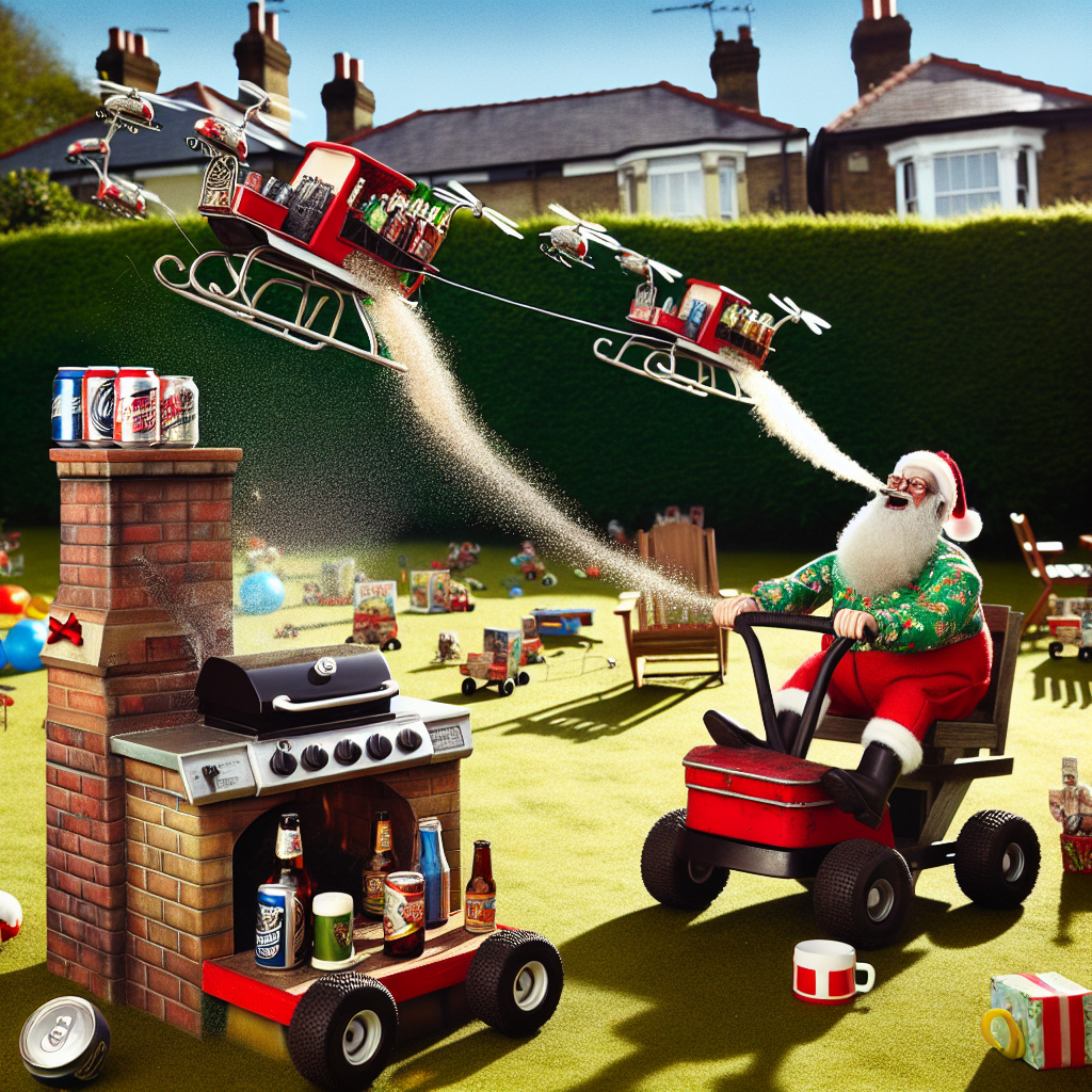 On a sunny afternoon, an overgrown lawn is scattered with various toys with a BBQ grill at its center. A jolly figure, dressed in a traditional red suit like Santa Claus with a whimsical tie adorned by tiny mugs of beer, maneuvers a mini wooden sleigh pulled by flying remote-controlled lawnmowers. As he nears a chimney decorated with various greeting cards, a playful expulsion of shimmery smoke escapes from his shorts. Amidst this humorous scene he loudly grins, 'Even Fathers have to let off a bit of cheer!' while tossing cans of beer down the chimney, which are adeptly caught by mechanical hands appearing from within.
Generated with these themes: Daddy Claus, who looks like Father Christmas but is 'daddy-fied' and appears on Fathers Day, is delivering beer to a house , and Daddy Claus visibly farts and says something funny about it.
Made with ❤️ by AI.