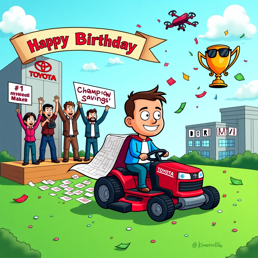**Image Prompt:**

At the top of the cartoon image, _"Happy Birthday Jon — You’ve mowed down costs like a Lawn Boss!"_

A cartoon-style image shows Jon (as a cartoon character) wearing a superhero cape made out of Toyota blueprints, riding a giant souped-up lawn mower with turbochargers made from Dorman Auto Parts. He's mowing over a path of flying invoices and bills, leaving behind a perfectly cut green lawn labeled “Cost Savings.” 

Behind him, cheering on a stage podium are cartoon employees holding up signs like “#1 Deal Maker,” “Our Leader,” and “Champion of Savings.” One coworker (a wide-eyed character) is tossing confetti shaped like dollar signs, while another is handing Jon a trophy shaped like a golden wrench labeled “Winning Performance.” In the background, a factory building with a giant “Toyota” sign and clouds spelling “DORMAN” complete the corporate-comedy feel.

A cheeky birthday banner flies through the sky above the factory, pulled by a tiny flying drone wearing sunglasses.

Tone: light-hearted, celebratory, pun-filled, and very PG.
Generated with these themes: Toyota, Boss, Leader, Cost out, Deal maker, Dorman Auto parts, Lawn mower, Keep it PG (image and text), Winning performance, Cost savings, and Champion.
Made with ❤️ by AI.