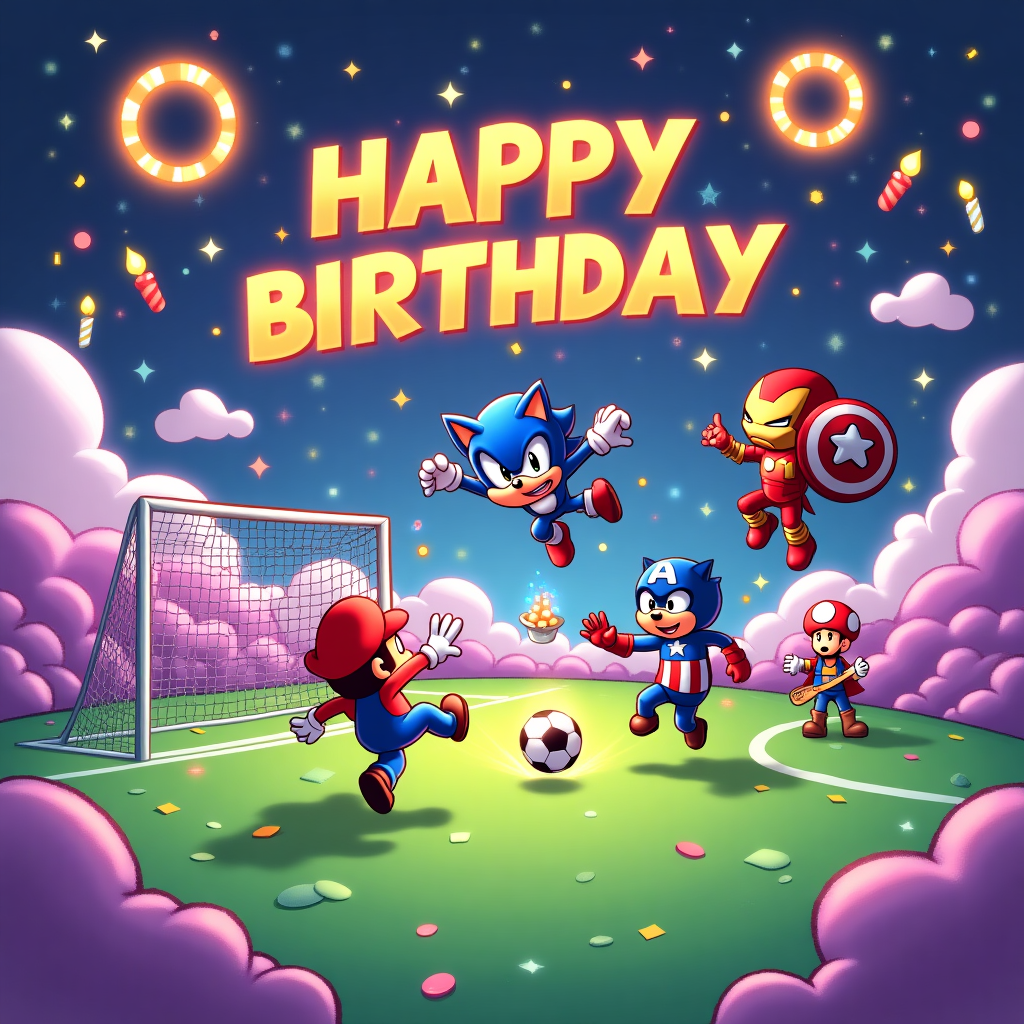 Mario, sonic and avengers playing soccer. Birthday Card