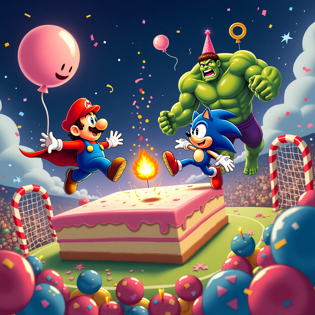 **Prompt:**

A surreal cartoon scene of Mario, Sonic the Hedgehog, and the Avengers mid-action in an epic soccer match on a floating slice of birthday cake that hovers above a galaxy filled with glowing candles and bouncing balloons. Iron Man hovers mid-air using his jet boosters to block a fiery cupcake-ball kicked by Sonic, while Mario leaps dramatically, cape flowing, aiming for a bicycle kick. Hulk serves as the massive goalie, wearing a sparkly party hat, holding a balloon shaped like Thor's hammer. In the background, goalposts made of candy canes shimmer with neon frosting, and the scoreboard is a giant smiling birthday card that winks. Confetti rains down like stardust as the crowd of pixelated mushrooms and golden rings cheer wildly from clouds shaped like cupcakes. The overall style is bold, vibrant, and delightfully surreal with a mix of video game nostalgia and absurd party joy.
Generated with these themes: Mario, sonic and avengers playing soccer. .
Made with ❤️ by AI.