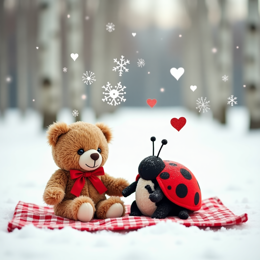 Snow, A cute looking Ladybug and a teddy bear having a picnic holding hands , In a field of snow , Snowing lovehearts, Romance, In Poland , and Anniversary Card