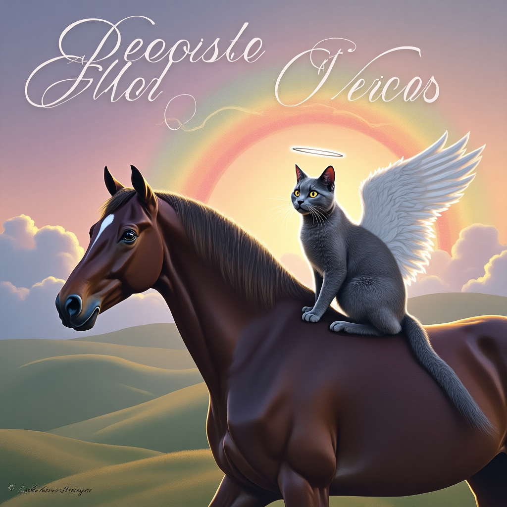 A grey cat riding on a dark brown horse with halos and angel wings, Rainbow bridge , and Solemn Sympathy Card