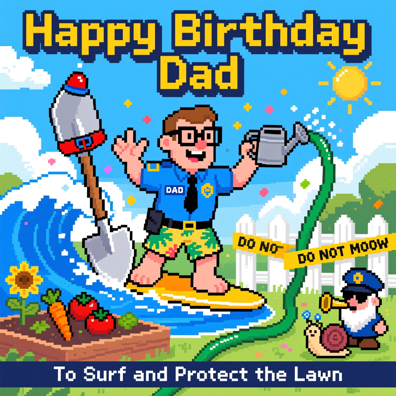 At the top of the Pixel Art Style image, "Happy Birthday Dad" in bold yellow 8-bit title text with a navy outline and simple drop shadow.

Crisp 8-bit pixel art with a vibrant, limited palette, chunky square pixels, and nostalgic video-game charm. Portrait composition. Center stage: a cheerful dad with thick, square black glasses, a blue police uniform shirt with a tiny pixel badge labeled "DAD," and tropical surf shorts, surfing a giant silver garden trowel like a board on a bright blue wave blasting from a green garden hose coiled in the corner. A tiny red-and-blue police siren is strapped to the trowel’s tip, flashing. He holds a watering can aloft, sprinkling sparkling pixel droplets like confetti, and throws a shaka with his other hand. Below, raised garden beds of tomatoes, carrots, and sunflowers; a garden gnome in a mini police hat blows a whistle; yellow pixel caution tape reading “DO NOT MOW” stretches along a white picket fence. Pixel sky, puffy clouds, warm sun. Playful detail: a smug snail on a leaf wearing tiny sunglasses. Clean silhouettes, 1‑px outlines, minimal dithering, high contrast for readability at small sizes.

At the bottom of the Pixel Art Style image, a small cheeky caption in white pixel font on a dark blue ribbon: “To Surf and Protect the Lawn”.
Generated with these themes: Gardening, police work, surfing, wearing glasses , and .
Made with ❤️ by AI.