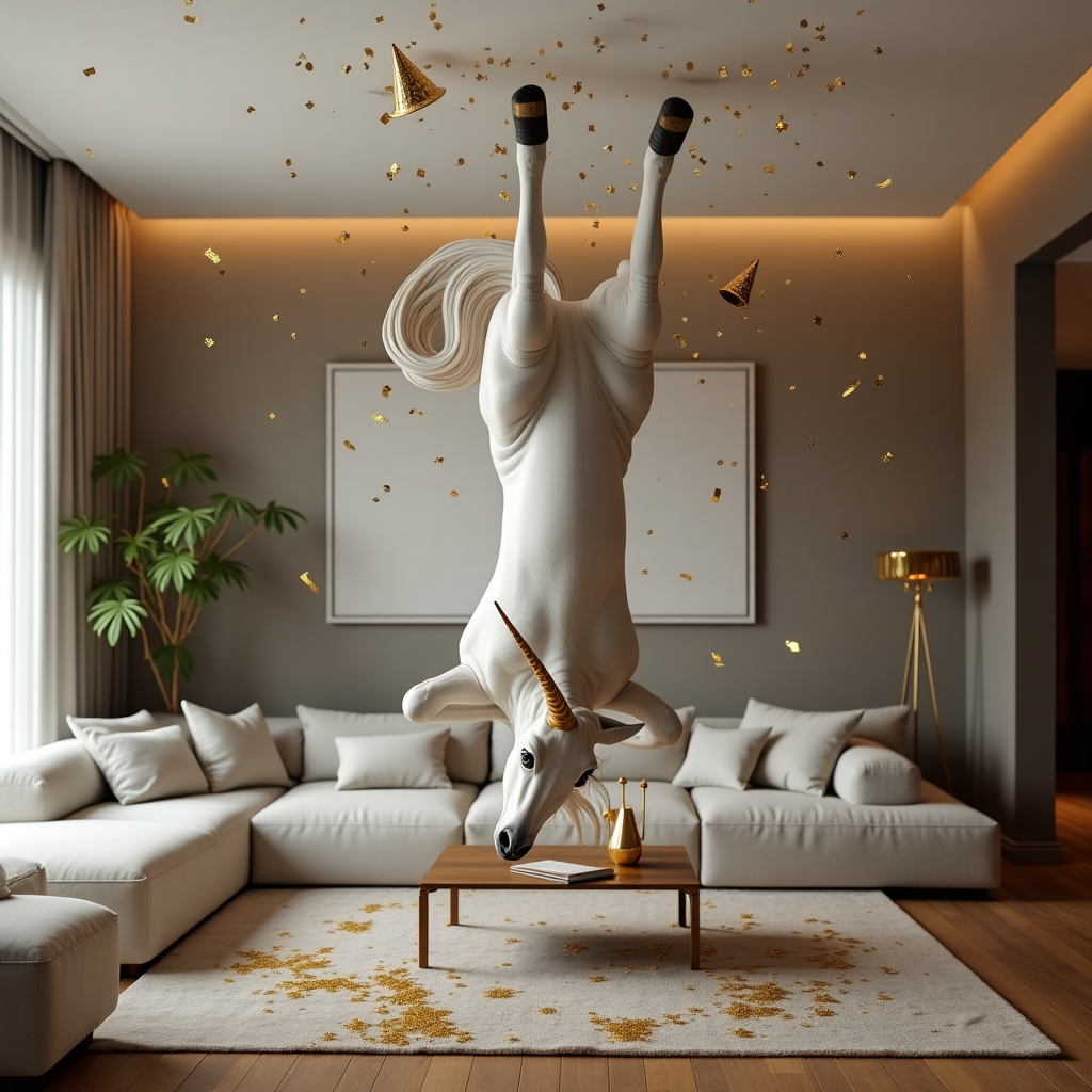 At the top of the realistic photograph image, "Claire, you’ve officially reached unicorn-on-the-ceiling levels of awesome!"

A photorealistic scene of a sleek modern living room, where an elegant unicorn is casually stuck to the ceiling upside-down — all four hooves planted on the plaster like it's gravity-defying spider-goat. The unicorn looks mildly confused but majestic, with its mane fabulously flowing upward (or downward, depending on perspective). Scattered around the room are remnants of a celebration: popped champagne, gold confetti raining midair, a banner reading “Achievement Unlocked,” and a party hat somehow also stuck to the ceiling next to the unicorn. The lighting is warm and golden, catching glitter and sparkles as they float — it feels both absurdly magical and wildly impressive.
Generated with these themes: unicorn on cielings.
Made with ❤️ by AI.