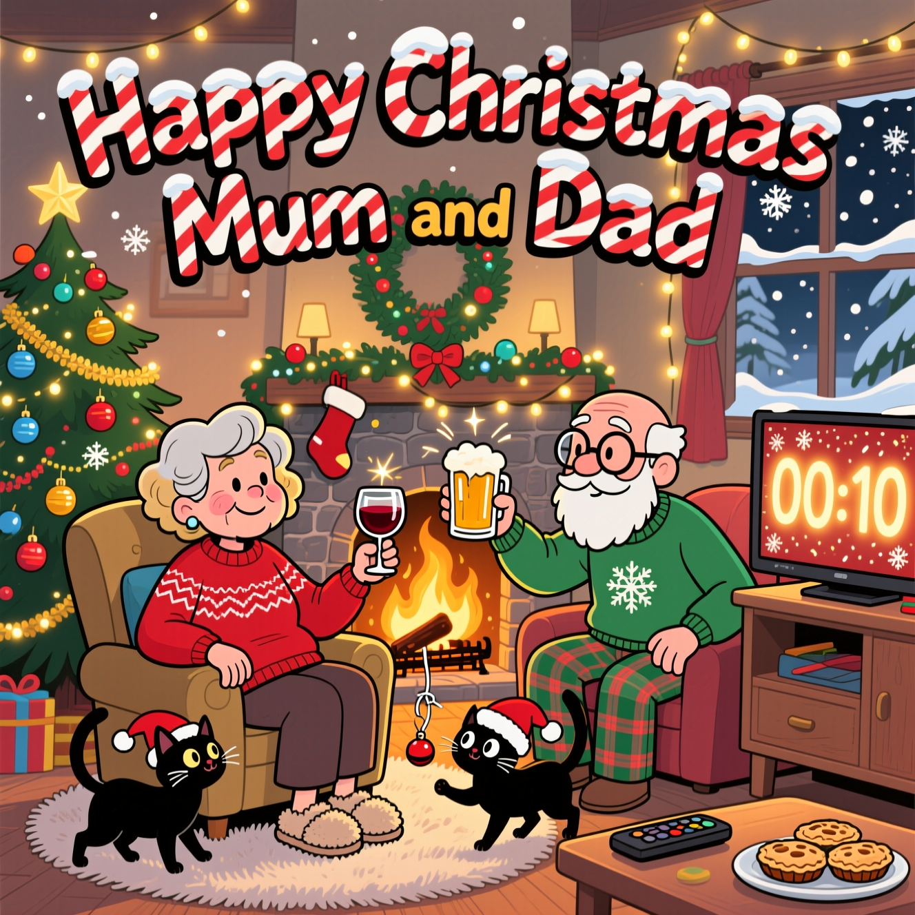78 year old woman, blonde hair drinking red wine by a log fire with husband with white hair, bald on top, with glasses and beard. With their small black cat , Red wine, beer and countdown on telly, and Christmas Card