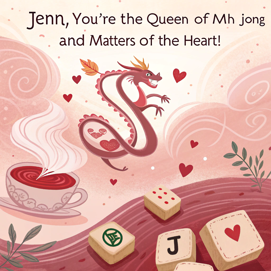 At the top of the image, "Jenn, you're the queen of mah-JONG and matters of the HEART!"

- The abstract image is filled with floating mah jong tiles drifting in dreamy swirls of soft pinks and cherry reds.  
- The tiles don’t form any coherent hand, but they each feature humorous reinterpretations of traditional symbols — a dragon tile transformed into a coffee cup, a bamboo tile shaped like a spaghetti fork, and the red character tile spelling "LOL".  
- Hearts pop up between the tiles in cheeky configurations — one tile flirts with a heart like it's speed-dating, another heart sits proudly on a ‘Throne of Moms’.  
- Whimsical splashes of watercolor patterns curl around the edges like they're trying to form a straight, but keep laughing and folding instead.  
- Overall vibe: mischievous chaos with love, luck, and just enough sass to earn you the ‘Favorite Child’ title for the day.
Generated with these themes: Mah jong tiles, and Hearts.
Made with ❤️ by AI.
