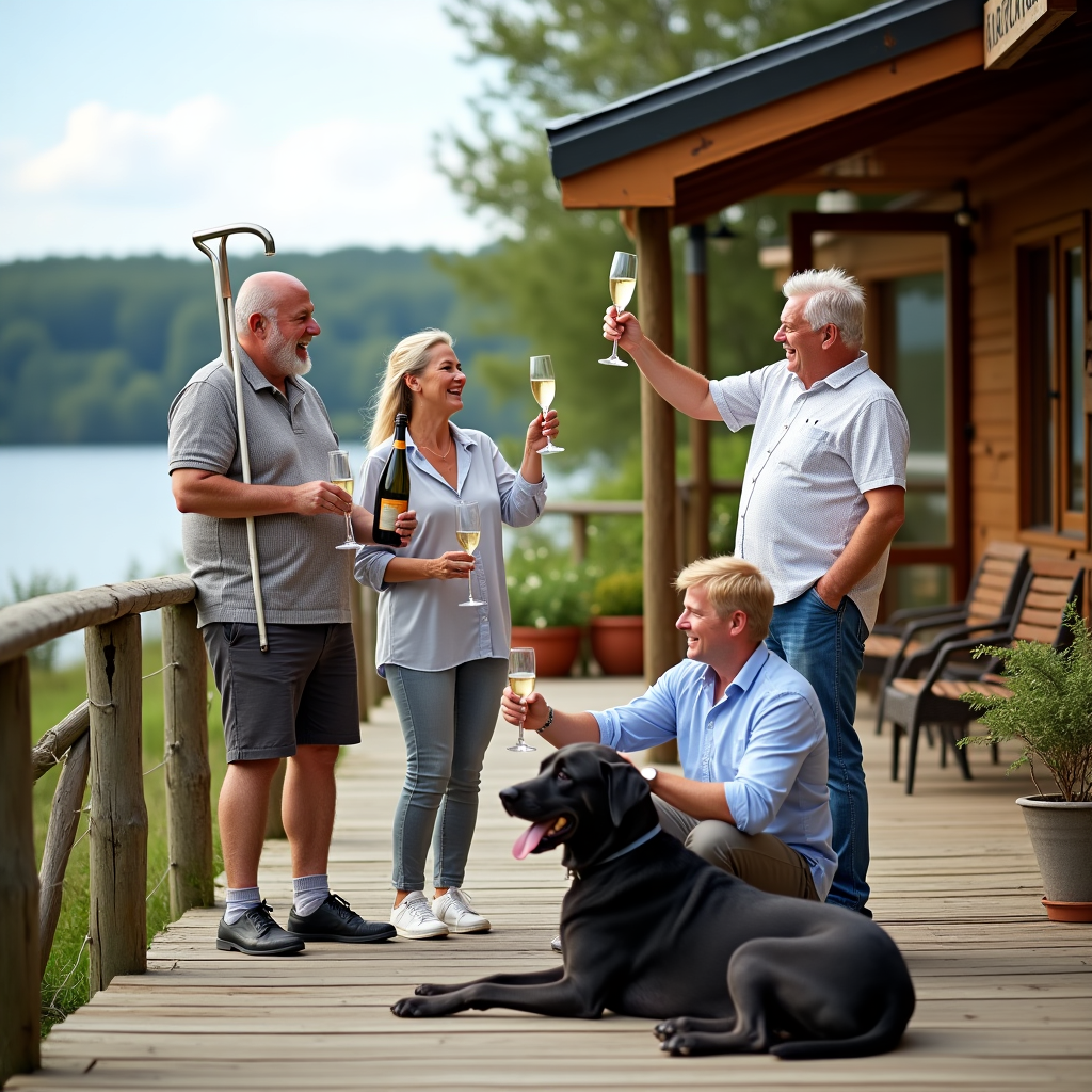 60 year old man, overweight and bald with a white stick, 60 year old woman, overweight, grey hair, 33 year old woman,  long blond hair with a 30 year old man, dark blond, Champagne, Dark grey labrador, smiling, A Holiday lodge, and Congratulations Card