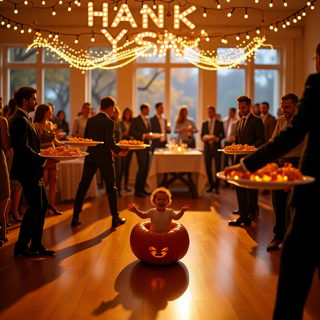 Crowd high-energy dancing on wooden dance floor in semi-formal attire in medium-sized elegant wooden room with strand lights, New York Marquee, Fall trees in New York, Musical notes, People holding enormous white ceramic oval-shaped platters of fried shrimp and mushrooms, Separate Rectangular Dining tables, and Red-haired baby sitting with legs sticking through holes in the front of pumpkin Thank-you Card