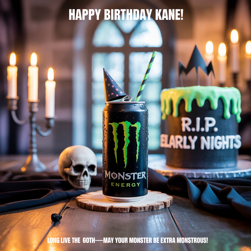 At the top of the Photorealistic picture taken from a camera image, "Happy Birthday Kane!"

At the bottom of the image, "Long live the goth—may your Monster be extra monstrous!"

- Ultra-high-definition 4K UHD photorealistic vertical shot, shallow depth of field, 85mm prime lens at f/1.8, realistic lighting and textures, subtle film grain.
- Scene: A gothic, Halloween-night birthday setup on an old wooden banquet table draped with black velvet. Moonlight cuts through a tall arched stone window, mixing with flickering candlelight and a soft neon-green underglow.
- Center focus: An ice-cold Monster Energy can (black can with electric-green claw logo), beaded with condensation, wearing a tiny black paper party hat and a striped green-and-black straw. The can sits on a skull-shaped coaster with a playful tilt.
- Beside it: A matte-black tombstone cake with glossy slime-green icing that reads “R.I.P. Early Nights,” studded with tiny bat sprinkles and topped with short black candles hissing green sparks. A silver dagger-style cake knife reflects the neon accent.
- Background details: Carved jack-o’-lanterns glowing eerie green, a raven perched on a candelabra, hanging paper bats, delicate cobwebs, and a hint of low rolling fog across the table. Black balloons with subtle green sheen drift in soft bokeh.
- Color and light: Moody blacks, cool moonlit blues, warm candle ambers, and crisp neon Monster-green accents. Volumetric light beams through dust motes for depth; strong microtexture on velvet, icing, wood grain, and can condensation.
- Text styling: 
  - Top line “Happy Birthday Kane!” in bold, spiky gothic blackletter, luminous slime-green with a faint ectoplasmic glow and slight drip.
  - Bottom punchline in clean, modern sans serif, bright neon green, small bat icons bracketing the sentence.
- Composition: Leave generous negative space at top and bottom for the text; primary focal plane on the can and cake, with background elements in creamy bokeh. No additional text in the scene beyond the two lines.
Generated with these themes: Monster energy drink, Gothic, Halloween, and .
Made with ❤️ by AI.
