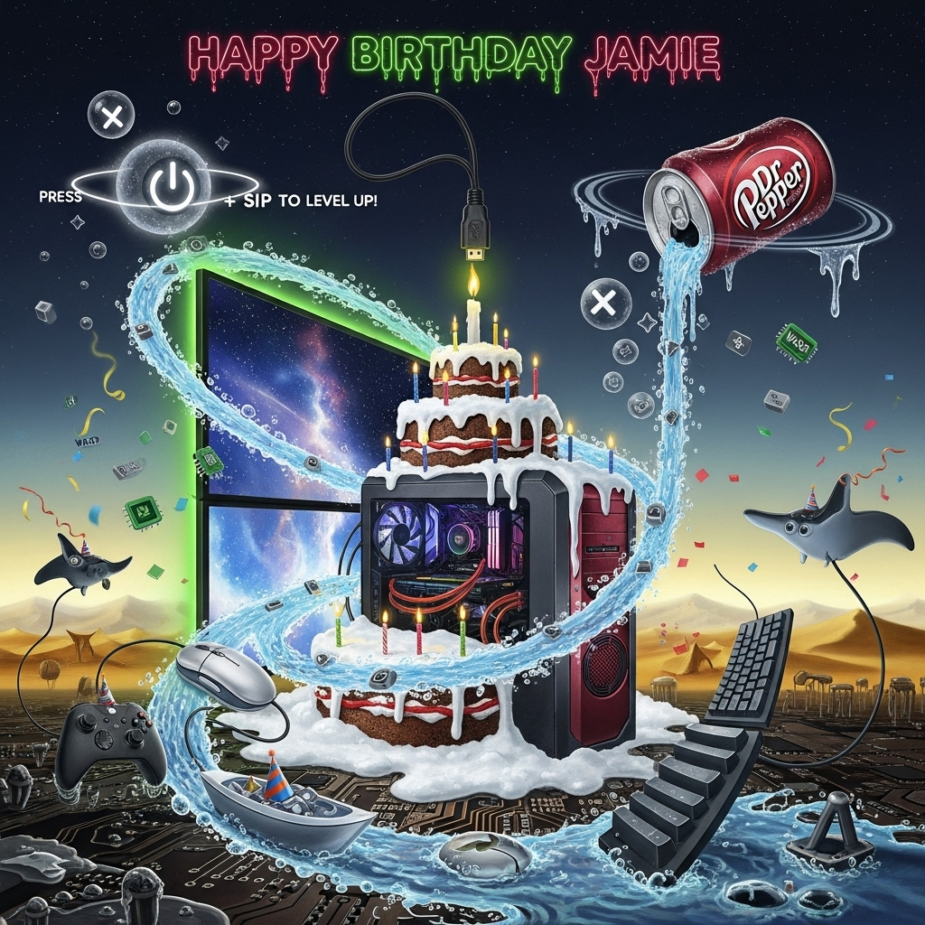 Dr Pepper, x box, computer, and Birthday Card