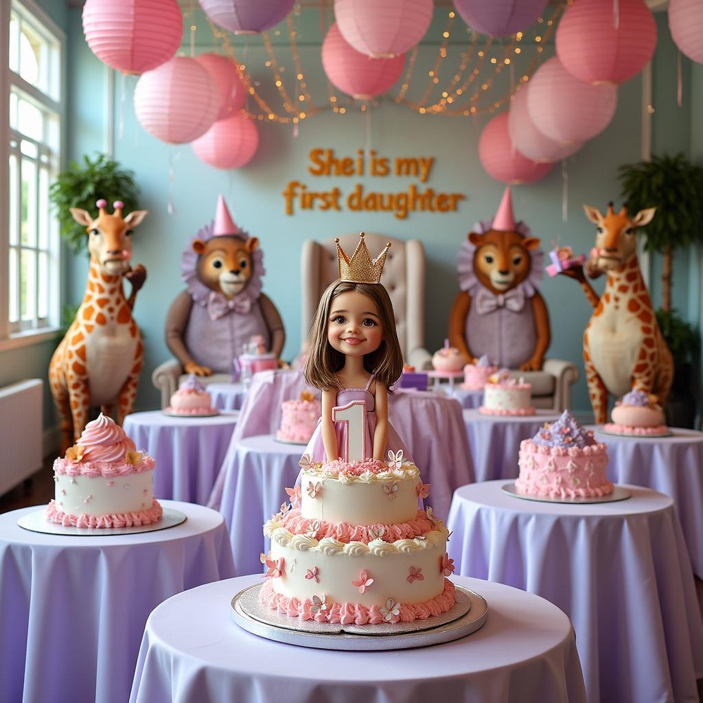 A bustling birthday party scene tailored for a beloved first daughter. The central focal point is a life-size, three-dimensional, realistic cake shaped like a number '1', adorned with pastel pink and lavender icing, and dotted with delicate edible butterflies. Around the cake, a series of small, round, white tables are set up for guests, each covered with a crisp, lavender tablecloth and a centerpiece featuring a humorous caricature figurine of a young girl having a gigantic piece of cake, exaggeratedly messy but adorable. Hanging above are streamers and paper lanterns in a dance of pink, lavender, and white hues. Against the far wall stands a comically oversized, plush throne chair for the birthday girl, complete with a mock crown suspended above it, hinting at a playful princess theme. On the chair, a sash reads 'She is my first daughter' in glittering gold script. The scene is bustling with life-size cutouts of whimsical animals wearing party hats, with a giraffe in a bowtie playfully offering a gift-wrapped box, creating an inviting and humorous setting for a birthday celebration.
Generated with these themes: She is my first daughter.
Made with ❤️ by AI.