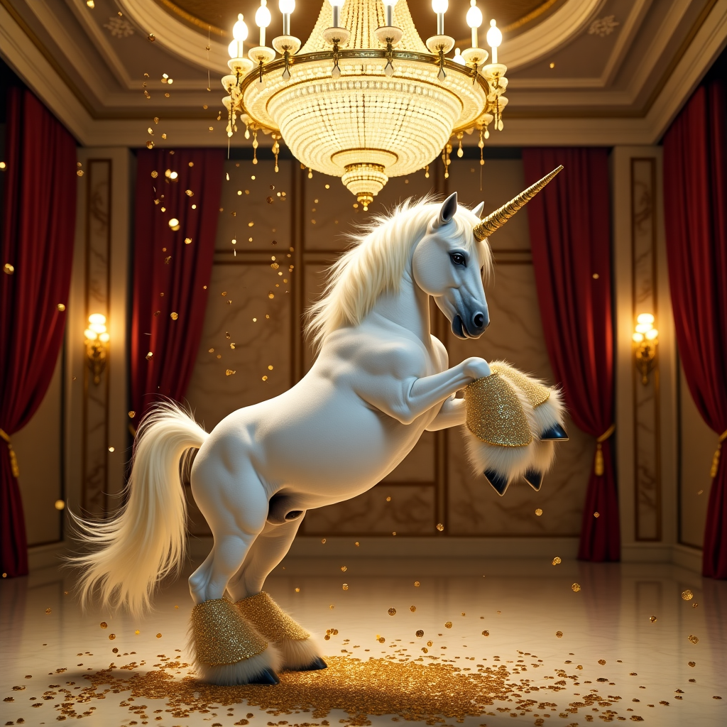 Unicorn dancing on a ceiling with golden confetti Congratulations Card