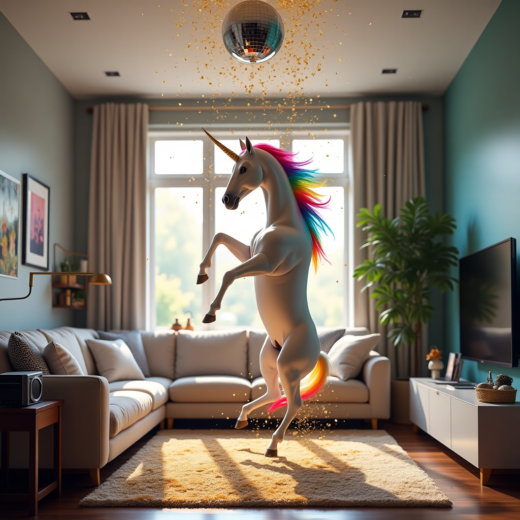 Unicorn dancing on a ceiling with golden confetti Congratulations Card