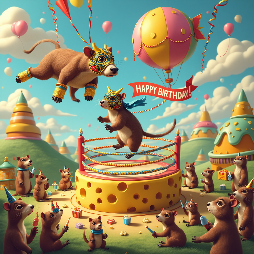 Cow, Wrestling, and Stoats Birthday Card