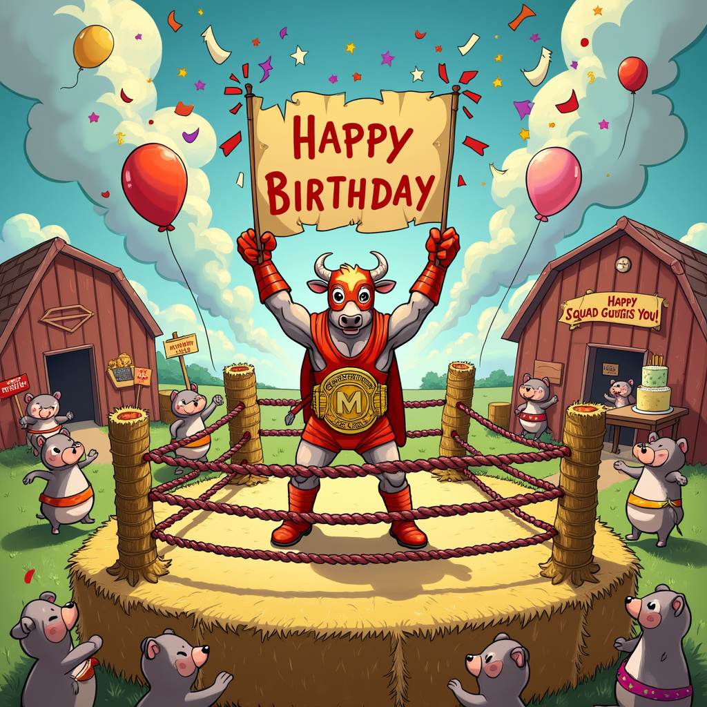 On the front cover of the birthday greetings card, imagine a fantastical wrestling ring set in the middle of a whimsical barnyard. The wrestling ring ropes are made from twisted hay bales, and the turnbuckles are bright, multi-colored balloons. In the center of the ring stands an anthropomorphic cow dressed as a flamboyant luchador, complete with a shimmering gold mask, a bright red cape, and glittering wrestling boots. The cow's muscular arms are raised in a triumphant pose, and around its neck hangs a giant, golden "Happy Birthday" championship belt.

Surrounding the ring, a group of stoats, each wearing tiny wrestling singlets in various vibrant colors, cheer and wave homemade signs that say "Cow Power!" and "Stoat Squad Supports You!" The stoats have expressive faces and exaggerated poses, reminiscent of Bill Watterson's dynamic characters. 

In the background, a rustic barn is adorned with oversized, cartoonish party decorations—streamers, oversized paper lanterns, and a banner that reads "Happy Moo-tastic Birthday!" in big, bubbly letters. Inside the barn, a large cartoon cake shaped like a wrestling ring sits on a wooden table, and balloons in the shape of farm animals float in the air.

Above the scene, a cluster of stars and confetti bursts from the top corners of the card, reminiscent of Hergé’s clean lines and simple shapes, adding an extra touch of celebration and whimsy. The sky is a dreamy, swirling mix of pastel colors, influenced by Winsor McCay’s otherworldly backdrops, creating a magical, surreal setting for the birthday bash.
Generated with these themes: Cow, Wrestling, and Stoats.
Made with ❤️ by AI.